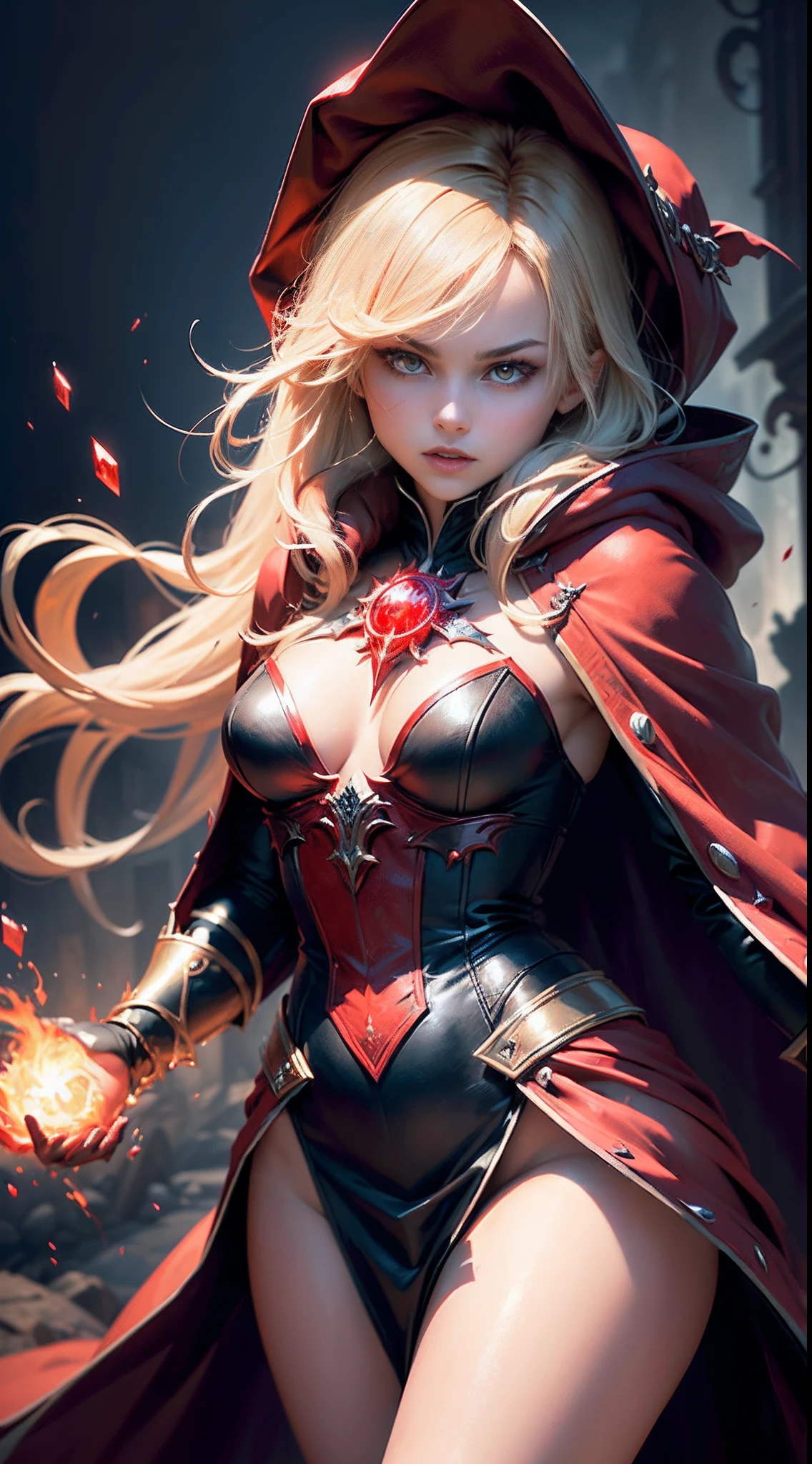 (Dynamic Angle:1.4), ((Pose all over the body:1.5), (Colorful:1.2), (Extremely detailed CG Unity 16k wallpaper:1.1), (Noise Removal Strength: 1.45), (tmasterpiece:1.37), ((offcial art)), (Colorful:1.2), (Best quality, Masterpiece), 1 girl, aquamarine Eyes, Medium blonde messy hair, Looking down, Solo, Upper body, Detailed background, Detailed face, The eyes burn with the power of evil, Vampire blood magician, Crimson noble robe, cloaks, Hood, dynamic movements, Red magic symbol floating in the air, Floating particles, Blood droplets, particle fx, bleeding, Blood dripping, Swirling of blood in the background, Surrounded by red fog, Epic atmosphere, god light, Sparkle, Glowing light, ((Masterpiece)), ((Best quality)), hyper HD, Award-Awarded