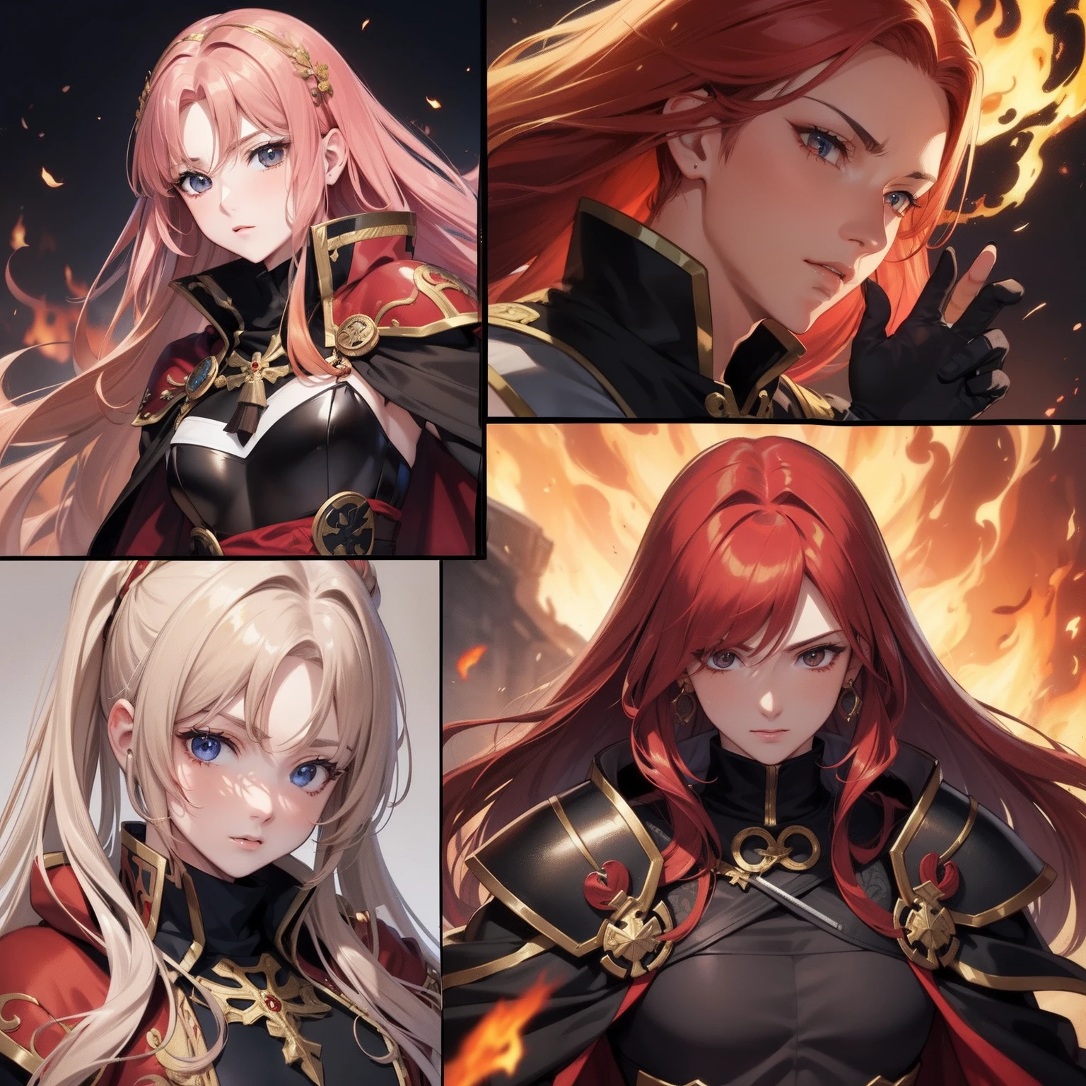 (masuter piece,Best Quality,Ultra-detailed), (A detailed face), ((Character Sheet:1.2)), Gold Eye,(redhair:1.1),The long-haired, Two-tone hair,body suit,Black and red cloak, Shogun,flat-chest, Dagger decoration,(Fire emblem), anime styled