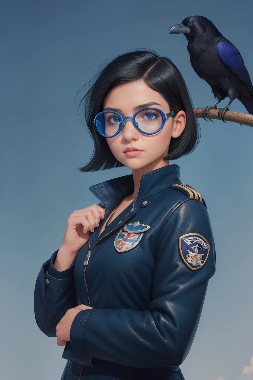 A portrait of a teenage girl with raven-black hair styled in a vintage bob, her expressive, sapphire-blue eyes revealing a mix of determination and confidence as she adjusts her aviator goggles.