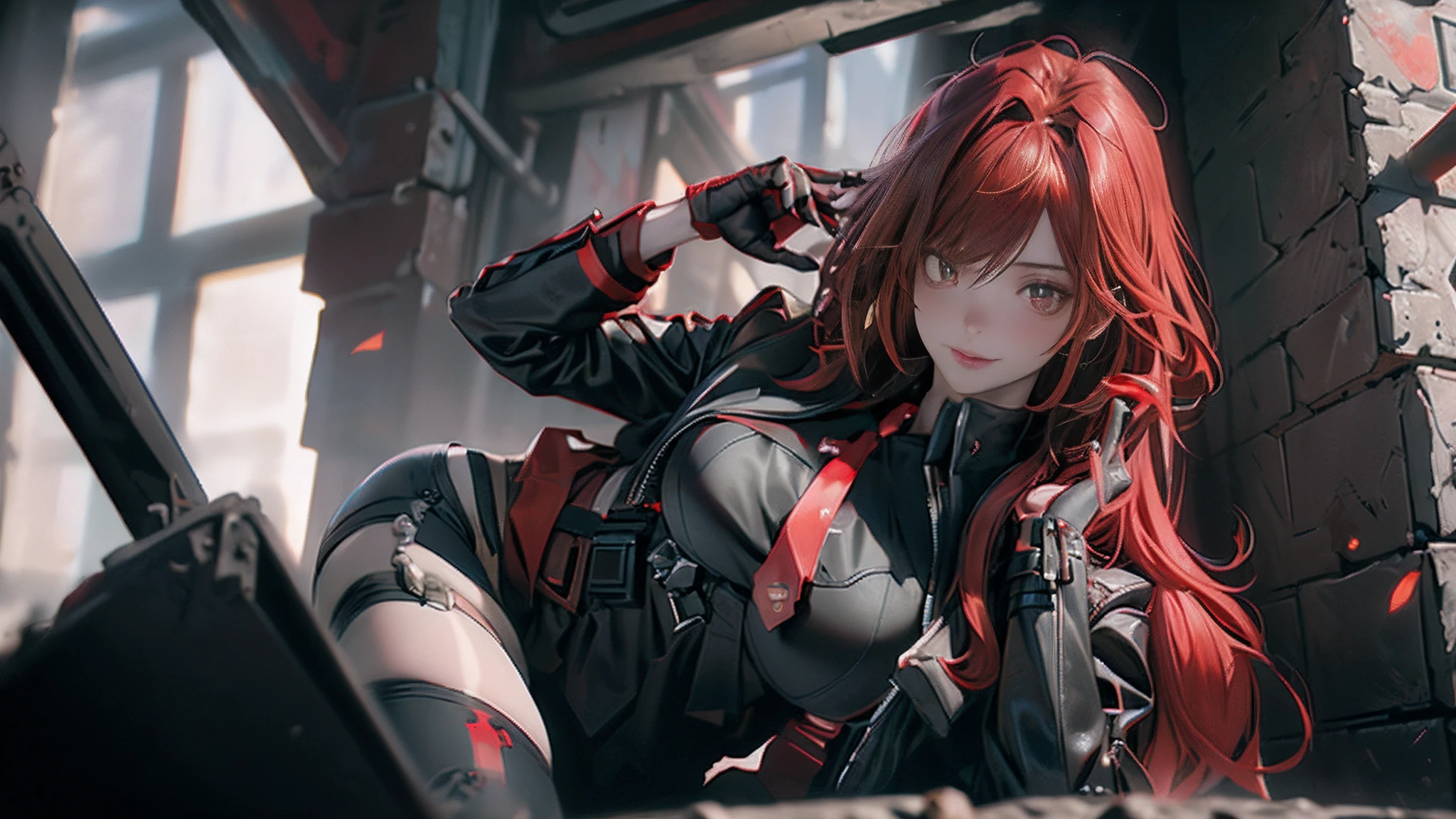 ((Best quality)), ((masterpiece)), (detailed:1.4), 3D, an image of a beautiful cyberpunk female, long burning red hair, burning hair, light brown eyes, red Barret, Black Soldier Shirt, Black under cloth, black panty, Grenade belt, Big chest, Big thigh, High thigh black knee sock, full view of girl, battlefield background, black combat boot, red necktie, black glove, black combat suit, black jacket, black cloak, black panty, ammo belt, HDR (High Dynamic Range),Ray Tracing,NVIDIA RTX,Super-Resolution,Unreal 5,Subsurface scattering,PBR Texturing,Post-processing,Anisotropic Filtering,Depth-of-field,Maximum clarity and sharpness,Multi-layered textures,Albedo and Specular maps,Surface shading,Accurate simulation of light-material interaction,Perfect proportions,Octane Render,Two-tone lighting,Wide aperture,Low ISO,White balance,Rule of thirds,8K RAW,