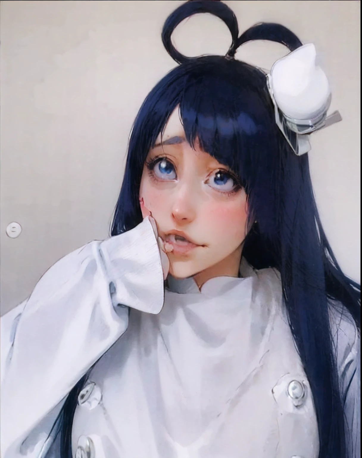 there is a woman with blue hair wearing a white shirt and a bow, anime girl cosplay, anime cosplay, anime inspired, anime girl in real life, white hime cut hairstyle, hinata hyuga from naruto, belle delphine, rena nounen style 3/4, cosplay, as an anime character, navy hair, dark blue long hair