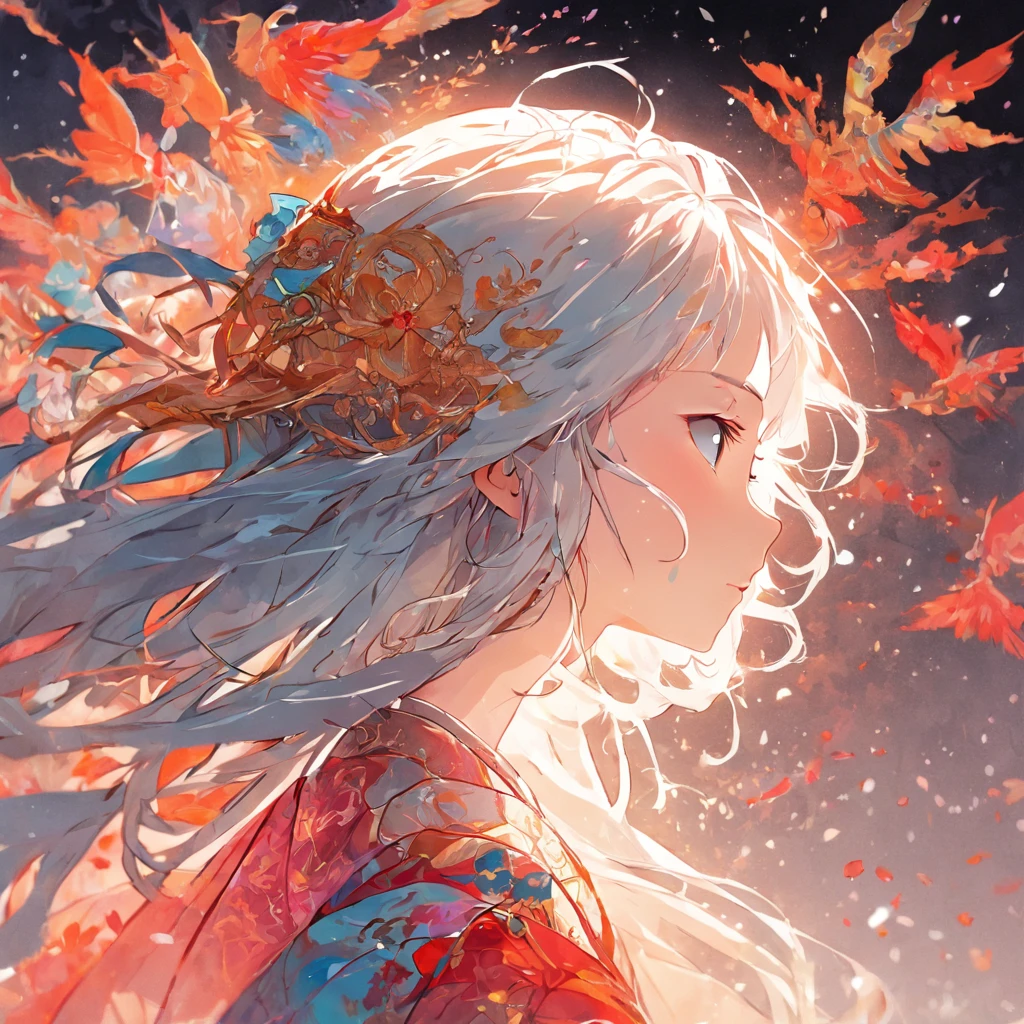 (White background:1.4),(Silhouette of a girl's head, Eyes closed, colorfull long hair, Oriental elements),(Chinese illustration:1.3,paper art:1.3, Quilted paper art:1.2),( reasonable design, Clear lines, High sharpness,Best quality, Very detailed, Masterpiece, movie light effect, 4K )