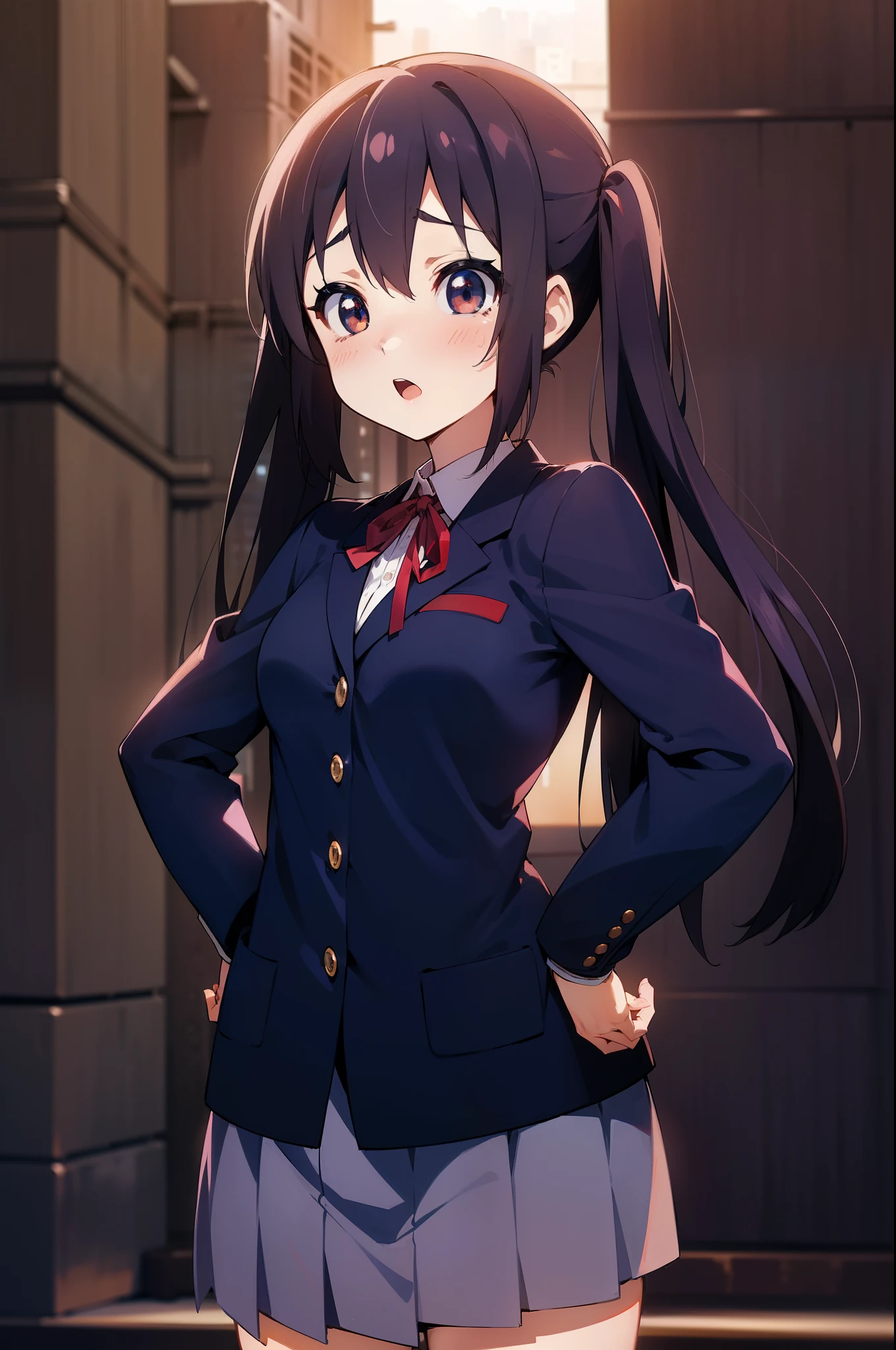 1girl, (((masterpiece))), highest quality, best quality, high detail, nakano azusa, 1girl, sakuragaoka high school uniform, school uniform, twintails, long hair, black hair, brown eyes, solo, red , a navy blue blazer with red narrow ribbon, a solid white buttoned shirt under the blazer, illustration, cartoon, soothing tones, calm colors, soft cinematic light, adobe lightroom, photolab, hdr, intricate, highly detailed, ((((depth of field)))). (((takeout))).dynamic focus.((big breasts)).(((Skyscrapers))).(((A city scape))).(((Face of sadness))). open mouth.(((put hands on the hip))).(((up chest))).((evening glow)).((the setting sun)).