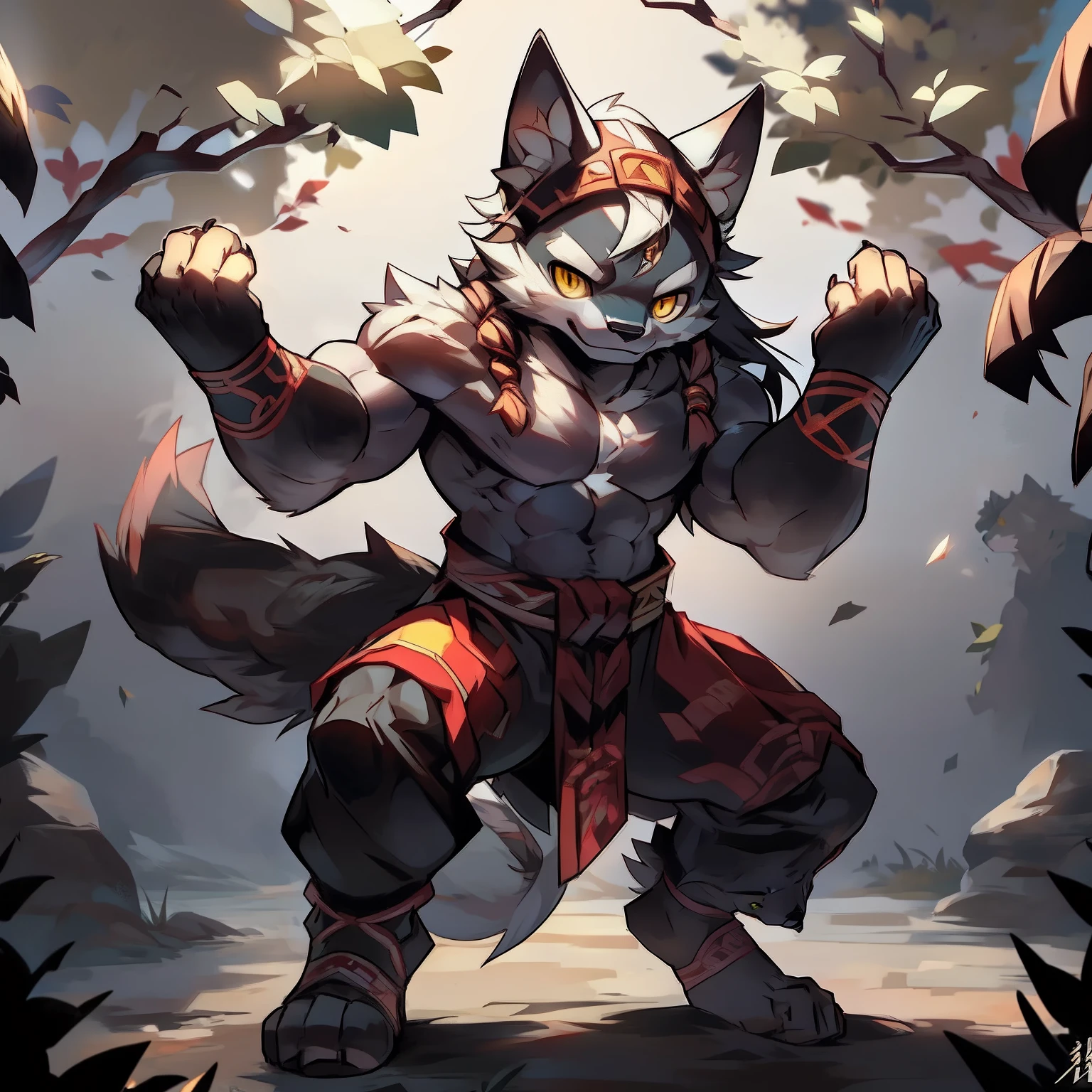 Best Quality), (Masterpiece), (((Single))), (Ultra Detailed), (Furry), Full Body Furry, Furry, (Male Wolf: 1.5), (Grey Skin: 1.3), (Grey Fur: 1.3), Character Focus, (Yellow Eyes), ((Humanoid hands)), ((Detailed People)), Sharp Focus, Chinese, ((Chinese Style)), Shaolin Lagging Costume, On The courtyard of Shaolin Temple, Martial arts fighter style, Kung Fu style, In Kung Fu stance, long hair, Young, Topless, Muscular body.