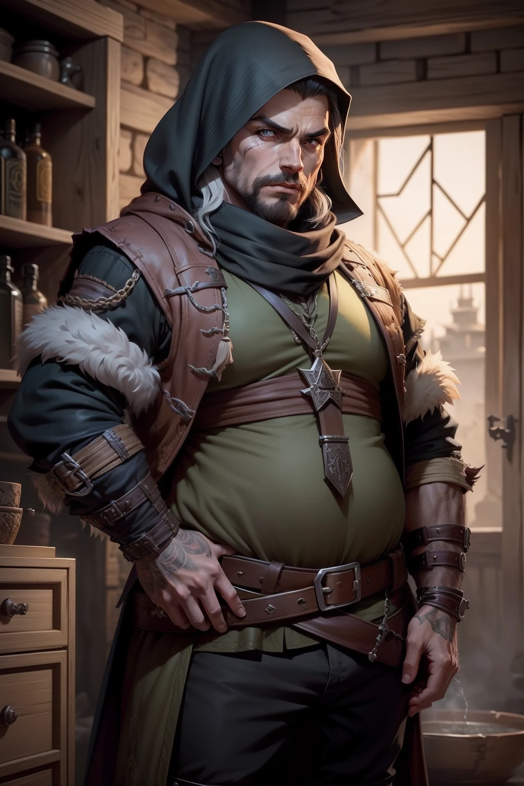 dnd, Male gender, Bandit, Clothed, Fully clothed, Bandits' clothes, Dangerous, Terrible, person, Gangster outfit, brigand , Crossbow , Scimitar, fat, Toltsak, Gyrobas, Fat basin, Overall, many kg