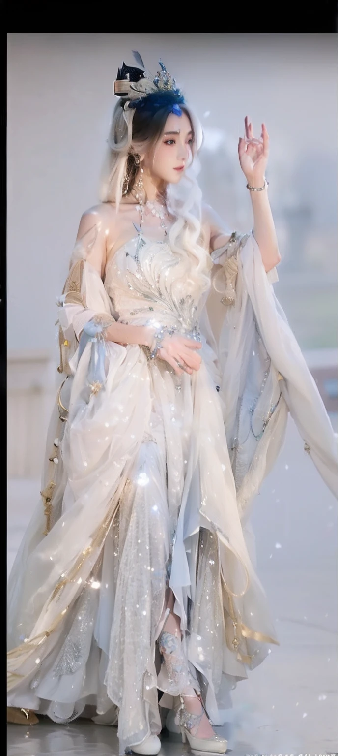 An Arad woman in a white dress and veil is dancing, ((a beautiful fantasy empress)), Ethereal!!!!!!!, inspired by Luo Mu, Emma Watson as Greek goddess, inspired by Zhang Yin, Black Hanfu, Inspired by Lan Ying, elegant ancient greek dress, beautiful flowing fabric, ruan jia beautiful!, Ethereal!!!, Inspired by Qiu Ying