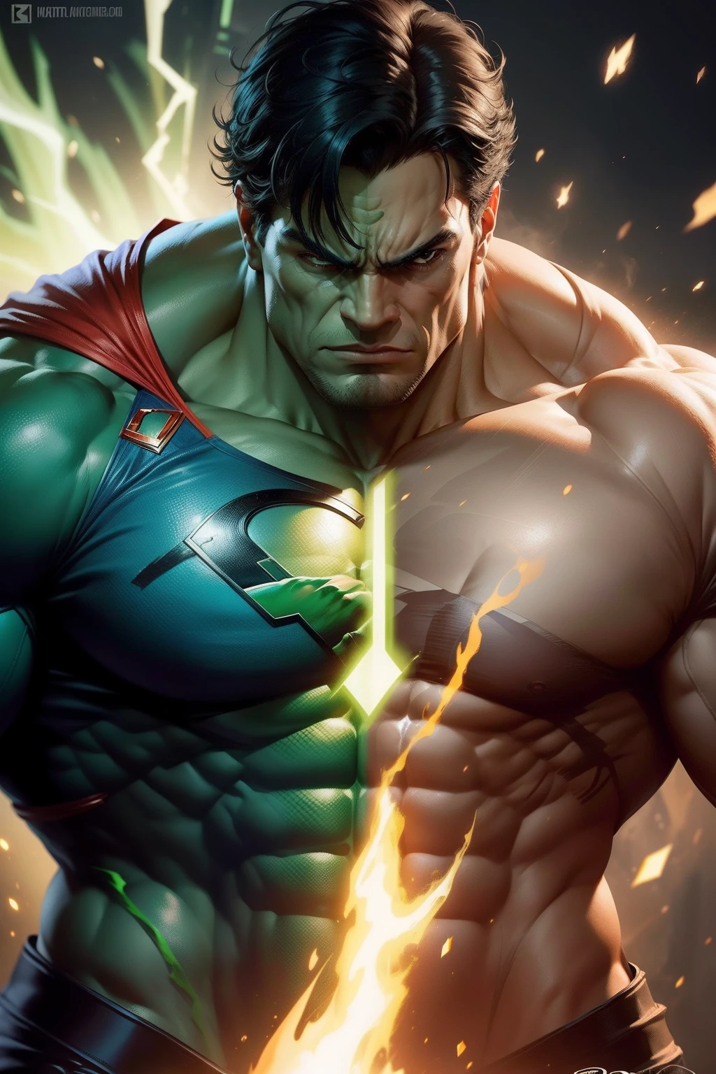 Create a perfect character that represents the synthesis between Superman and the Hulk. This new being must embody the distinctive traits of both characters in a harmonious and balanced manner, without it looking like a simple mix. Contains the Hulk's muscular green appearance. Make sure the image conveys the sense of superhuman strength and power, while maintaining the personality and iconic elements of both heroes. Use vibrant colors and stunning details to make the fusion visually impactful and unforgettable