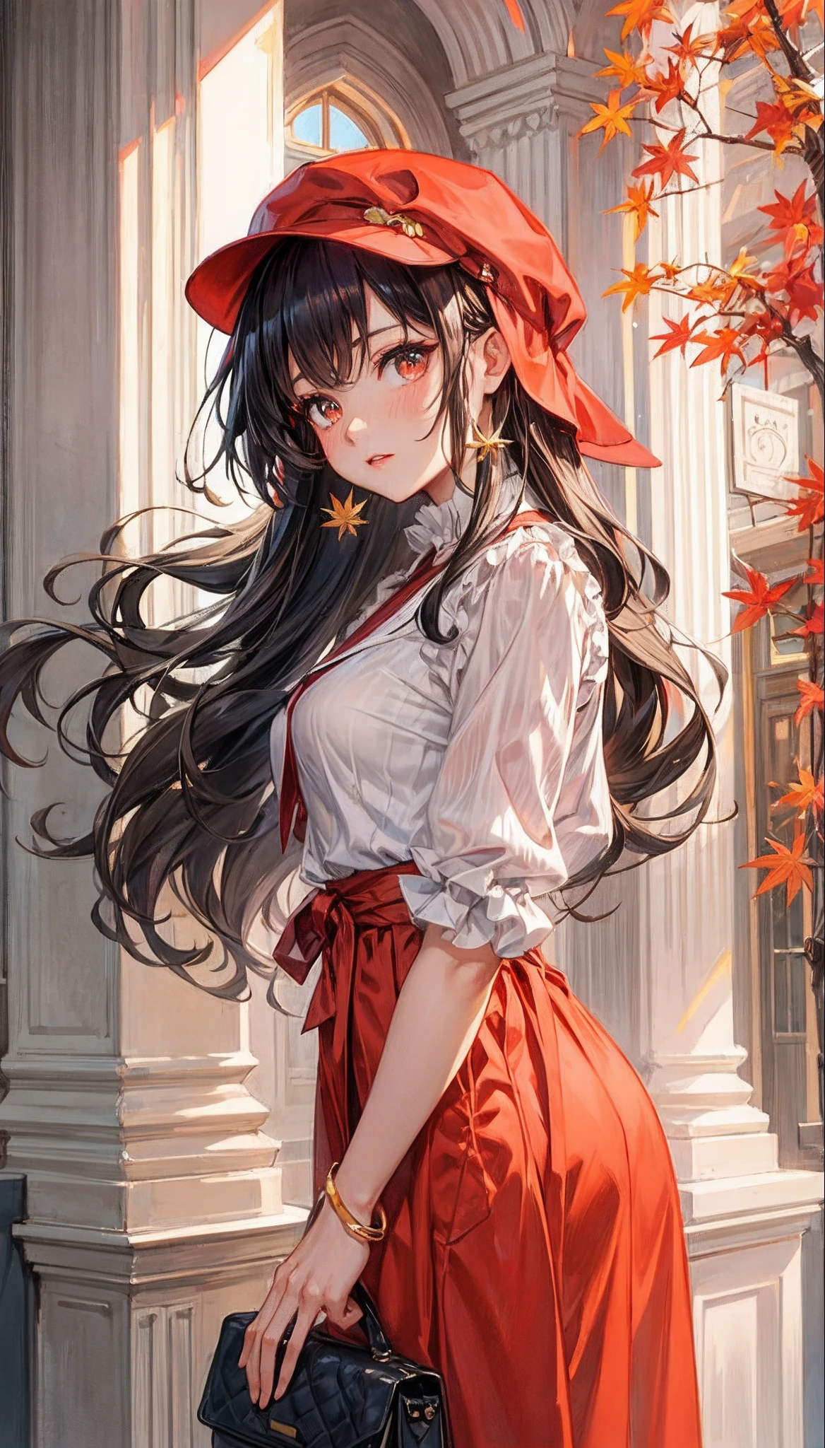 anime girl with long hair wearing a red hat and red jacket, beautiful anime portrait, 🍁 cute, beautiful anime girl, anime visual of a cute girl, ilya kuvshinov with long hair, anime girl with long hair, attractive anime girl, portrait anime girl, pretty anime girl, profile of anime girl, cute anime girl portrait, rin tohsaka