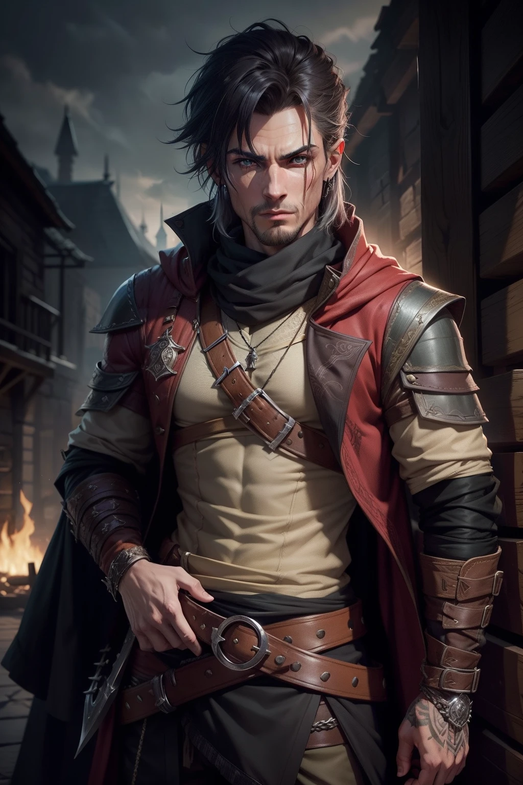 dnd, Male gender, Bandit, Clothed, Fully clothed, Bandits' clothes, Dangerous, Terrible, person, Gangster outfit, brigand , Crossbow , Scimitar, lean, Asmatic, very skinny, Without muscles