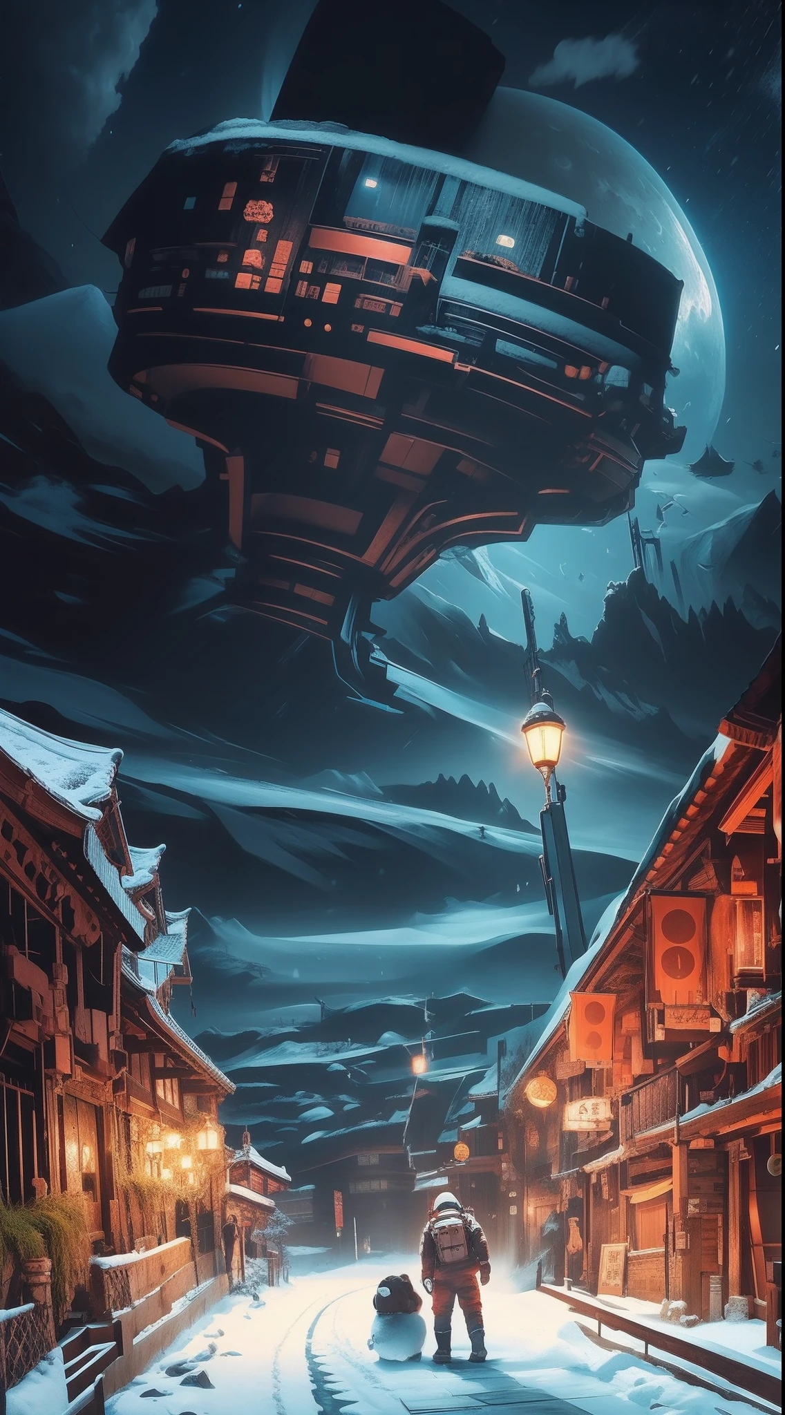 sci-fy，Moon，snow mountains，sense of science and technology，makina，conceptual drawing, cyber punk style,Concept art for the game, Lanterns，The sky is snowing，stray，The astronaut，pandas，Original Drawing，lamplight，Back shadow，snow mountains，Chinese architecture，High-precision illustration，SENSE OF CINEMA，the detail，A window to the city in the distance