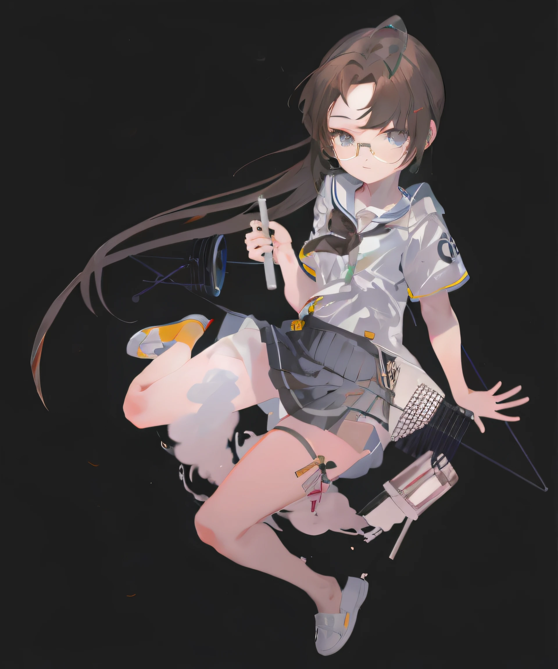 eye glass,The halo,brown hair,a black bowtie,Test tube in hand,a sailor suit,short skirt,Single horsetail