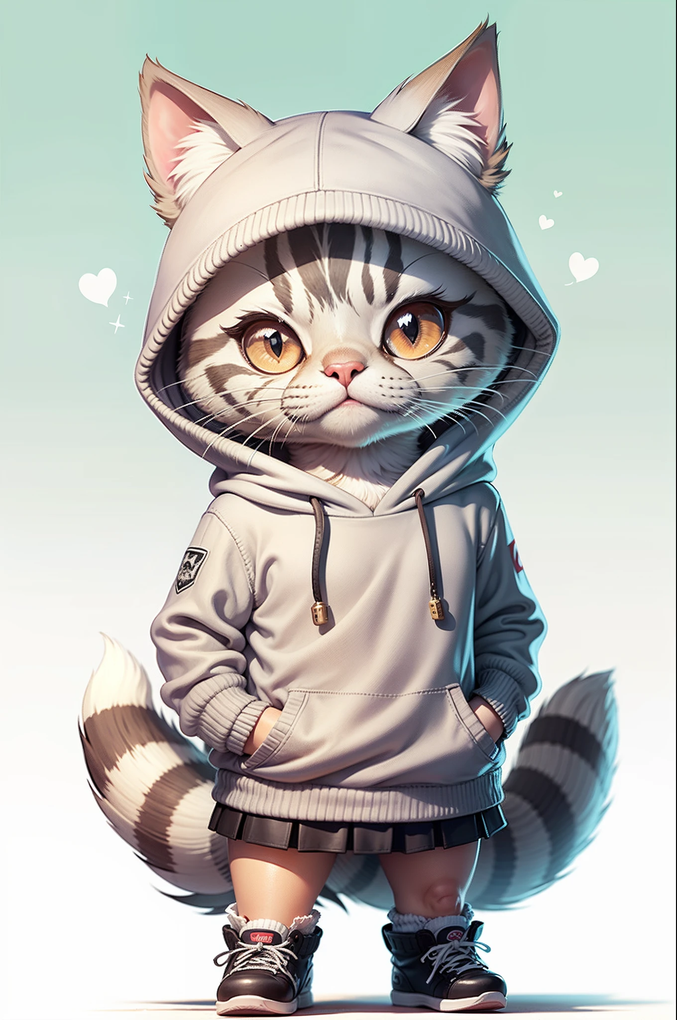 C4tt4stic, Cartoon cute silver tabby cat in knitted sweater and mini skirt,
