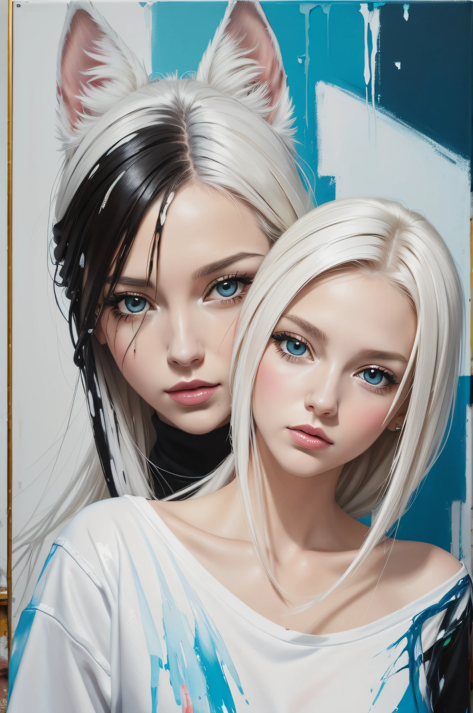 ((Painting, Oil on Canvas, Spray Printing Oil Paintings Art Abstract Theme Canvas Modern Style )), masterpiece, Portrait of a white girl next to a white wolf. uses solid floss colors, All stitches are full Stitches.
No half stitches or back stitching.