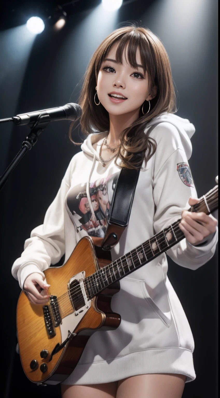 (masutepiece:1.3, Best quality, Photorealistic, Ultra-detailed, finely detailed, high resolution, 8K wallpaper), 1 beautiful girl, Band group vocals, White hoodies, Sing a song with an electric guitar, Standing microphone, Mouth open, Beautiful face, Detailed face, Beautiful eyes, Detailed eyes, Looks fun、Smiling, Earrings, necklace, Detailed guitar, (Straight guitar neck and strings), Medium length light brown hair, be on stage, spotlight, Look at the viewer、Large breasts