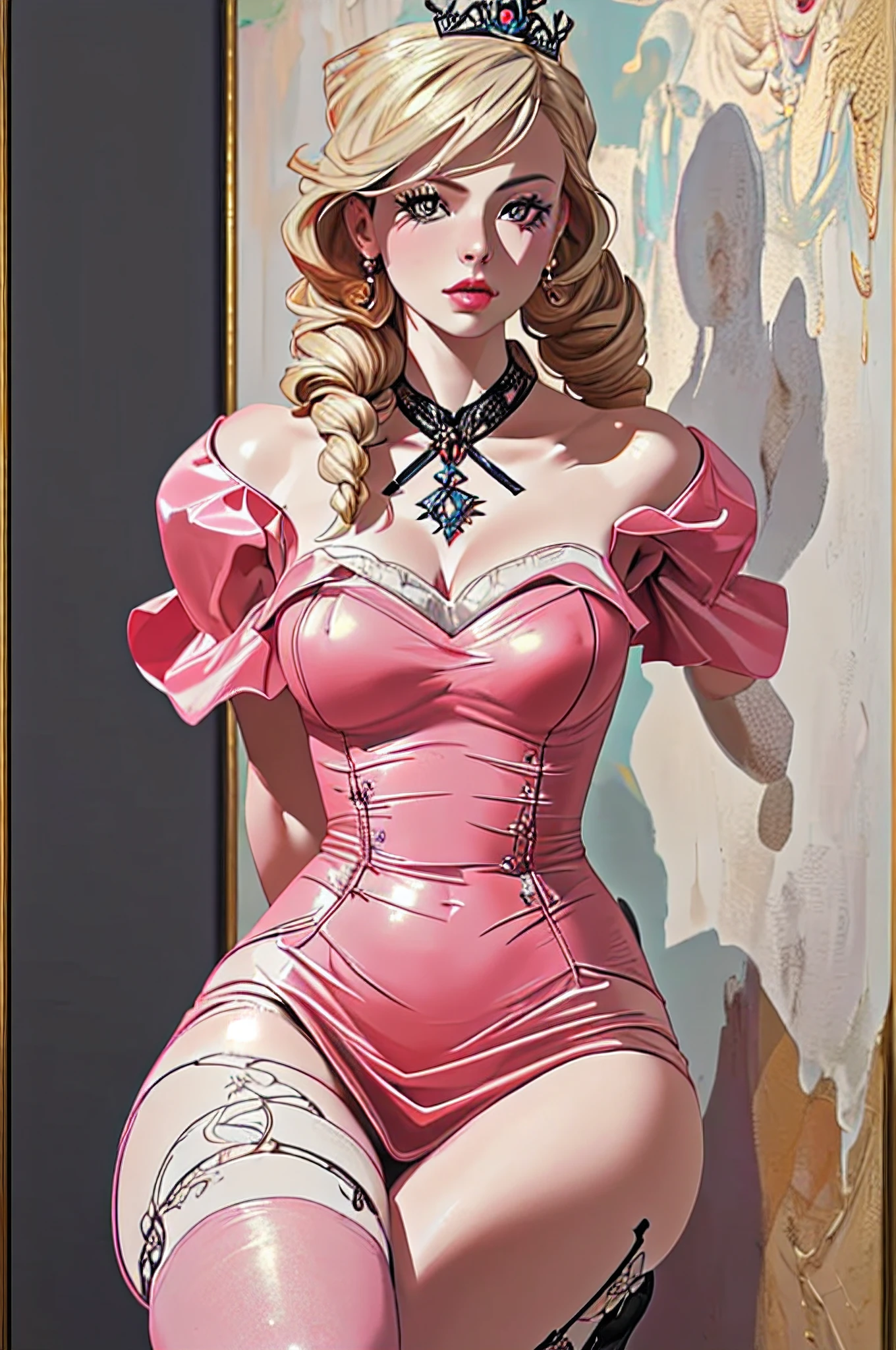 a picture of Barbie as a dominatrix queen (best details, Masterpiece, best quality :1.5), full body (best details, Masterpiece, best quality :1.5), ultra detailed face (best details, Masterpiece, best quality :1.5), ultra feminine (best details, Masterpiece, best quality :1.5), wearing latex pink mini dress, pink stockings, pink high heels, long braided hair, hair pulled back, blond hair, modern bedroom background (best details, Masterpiece, best quality :1.5), ultra best realistic pictures , best details, best quality, 16k, [ultra detailed], masterpiece, best quality, (extremely detailed), ultra wide shot, photorealism, depth of field, hyper realistic painting