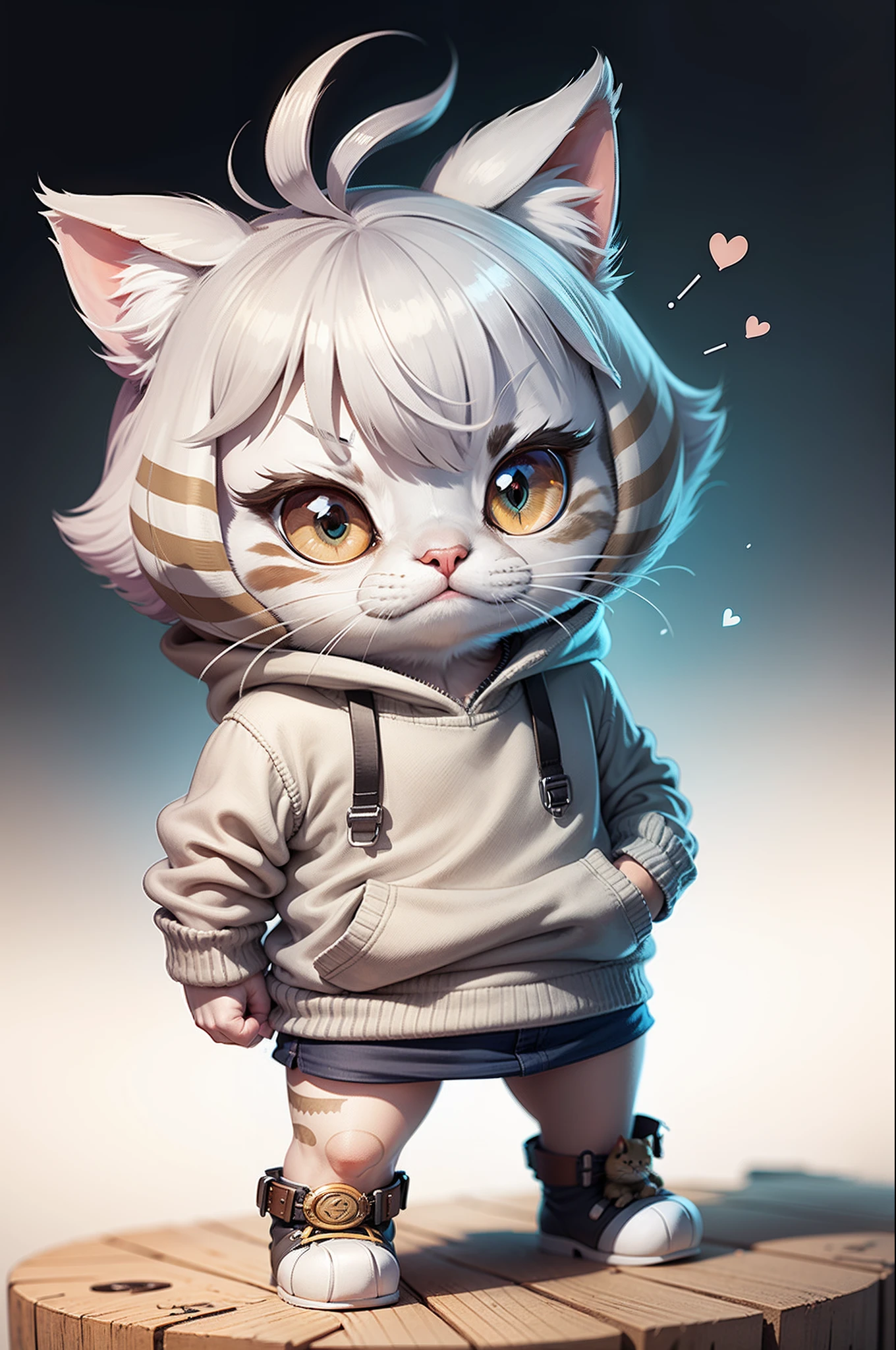 PopMart blind box IP, Chinese zodiac, super cute girl wearing kitty hoodie , technological elements, fashionable clothes, streamlined 3D/C4D production: 8K HD picture quality/lighting/ultra-fine lens depiction 1.5, flawless, chibi background/cinematic sense.