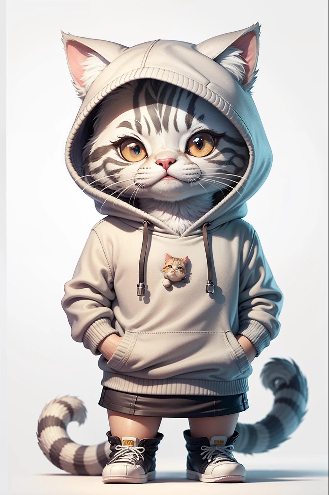 C4tt4stic, Cartoon cute silver tabby cat in knitted sweater and mini skirt,