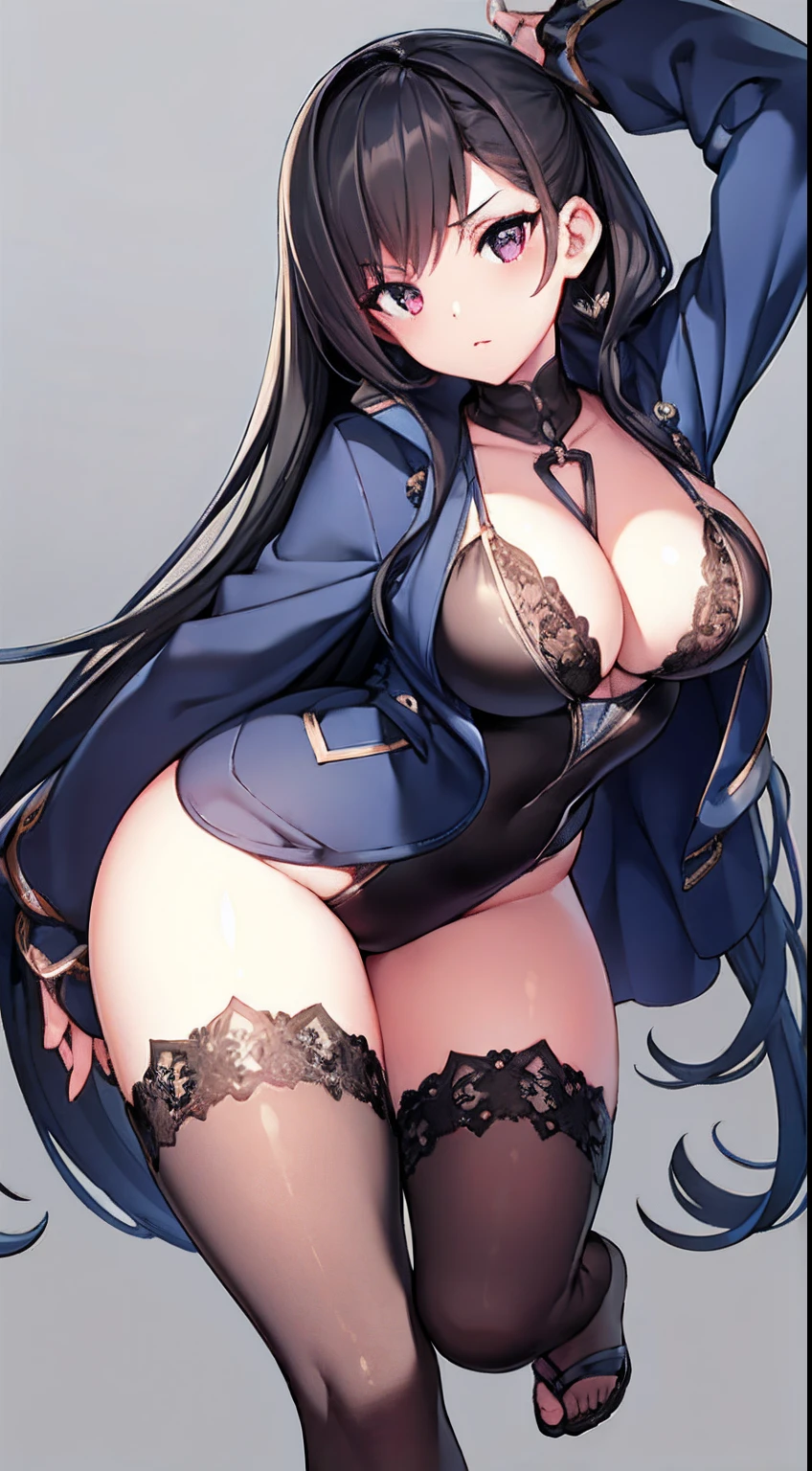 a girl with black knotted hair, full body, swim suit and jacket, blushed face, refined eyes, refined face, beautiful skin, gothic style, hyper detailed, beautiful hands, beautiful curve, hyper realistic, hyper resolution, 8k, japanese outfit, revealing