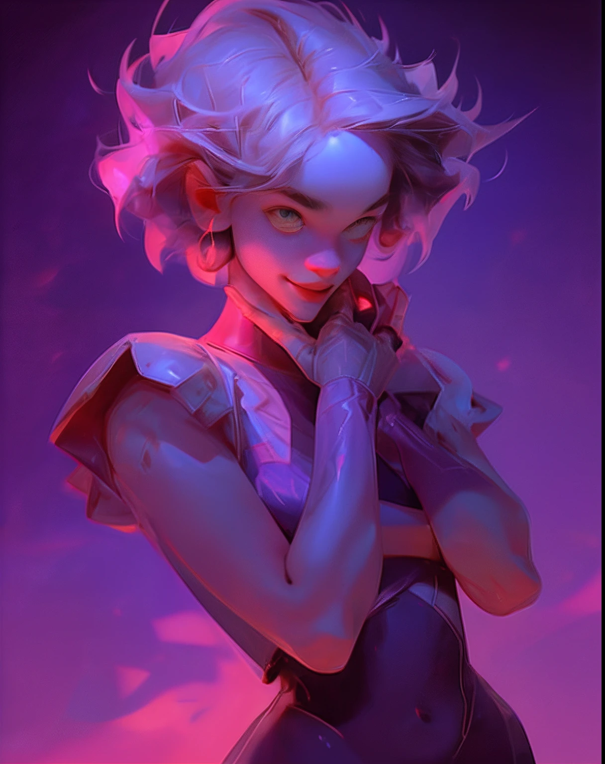 Girl with short hair,Beautiful looks,playing game,Classic joystick console,Pose pose,smiling expression,Excellent graphics,Excellent details,plethora of colors,Purple background light,