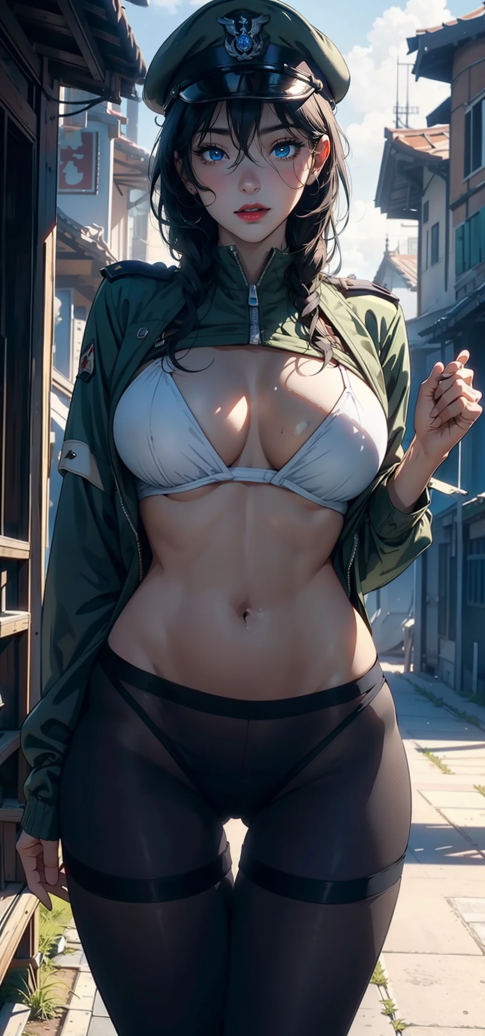 1female,35yo,plumw,extremely large bosom, 独奏,(Background with:grass field,ln the forest,aerodrome,Planes) She has very short black hair,bobo head,Stand on the plane,,seen from the front, hair straight, mostly cloudy sky,(((tmasterpiece),(Very detailed CG unity 8K wallpaper),best qualtiy,cinmatic lighting,detailed back ground,beatiful detailed eyes,Bright pupils,Blue eyes,Snow-whiteskin,Redlip(Very fine and beautiful),(Beautiful and detailed eye description),ultra - detailed,tmasterpiece,)),facing at camera,A high resolution,ultra - detailed),revealing breasts,Bare genitalia, Bulge,legs are open,Raised sexy,Camel toes,Flushed complexion,Desire for dissatisfaction,frontage,Italian Air Force,Aviator,Officer's cap(Wearing:Dark green baseball jacket,Black pantyhose,Bare breasts)