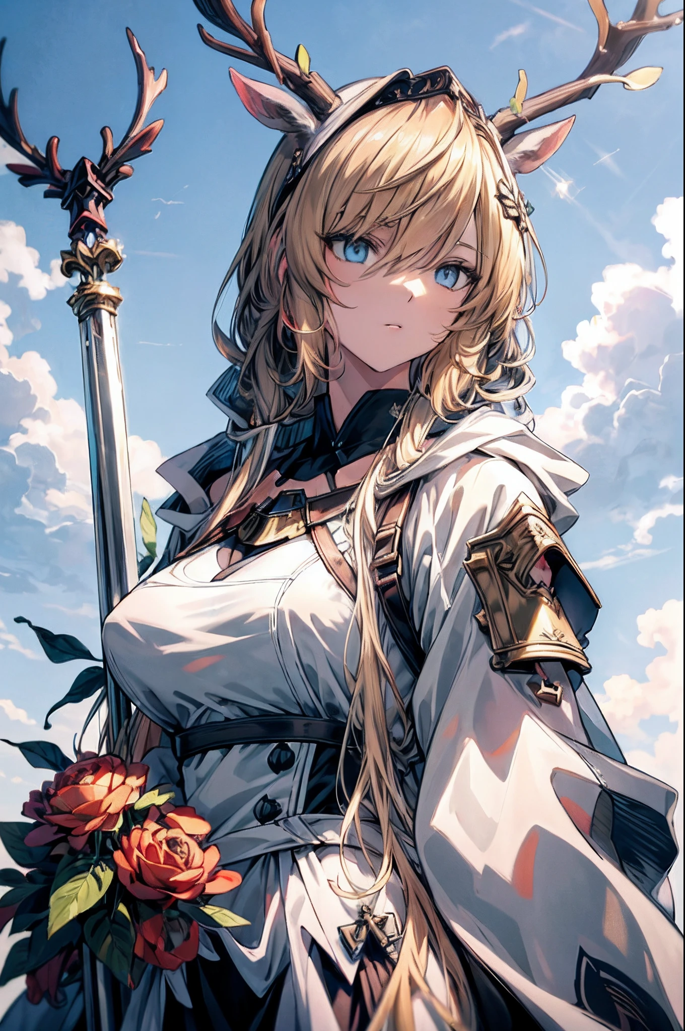 High details, Best quality, 8K, [Ultra detailed], Masterpiece, Best quality, (Extremely detailed), Dynamic Angle, super wide shot, Photorealistic, anime big breast， wide angles, (((Anatomically correct)))  preparing to fight (intense detail, Masterpiece, Best quality: 1.5), anthropomorphic female deer  (intense detail, Masterpiece, Best quality: 1.5),From the Ark of Tomorrow，Forest deer warrior woman ，blond hairbl, Long hair, Wavy hair, deer ear, Dynamic eye color, Wearing heavy elven armor LnF, Shiny metal, Holding a sword, Stand near the unicorn, Green meadows, Blue sky background and some cloud background depth of field (Intricate details, Masterpiece, Best quality: 1.5), Dynamic Angle, (Intricate details, Masterpiece, Best quality: 1.5), High details, Best quality, A high resolution, ultra-wide-angle