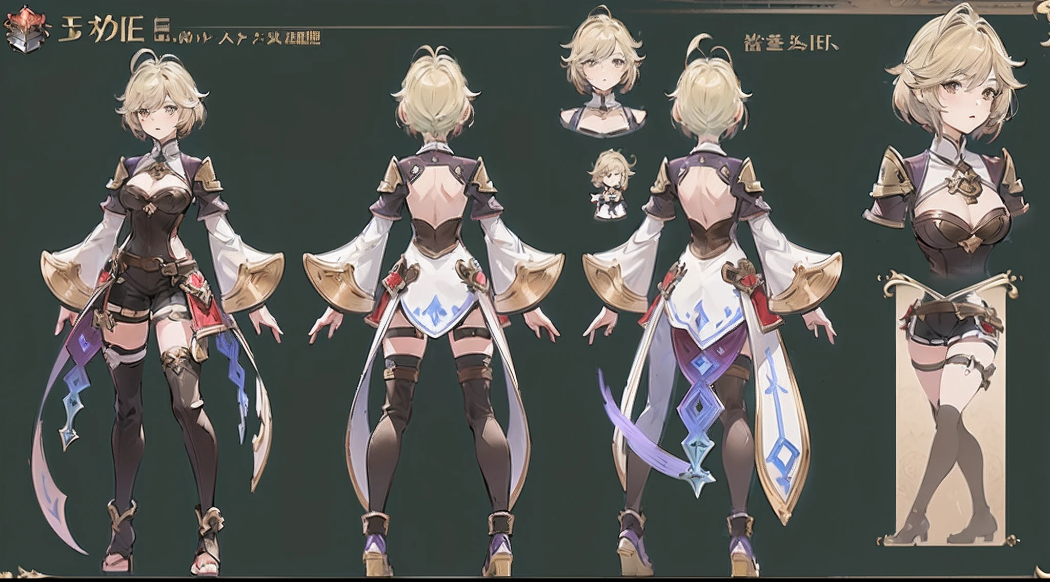 character reference sheet, 1 woman, 20 years old, ((granblue fantasy character)), wearing blade and soul and granada espada hybrid costume, complete full body, character design sheet, ((front view and back view only)) light colors themed costume design, symmetrical elements in costume, costume simulation detection like in CLO, marvelous designer, 8k resolution, ultra high definition image output