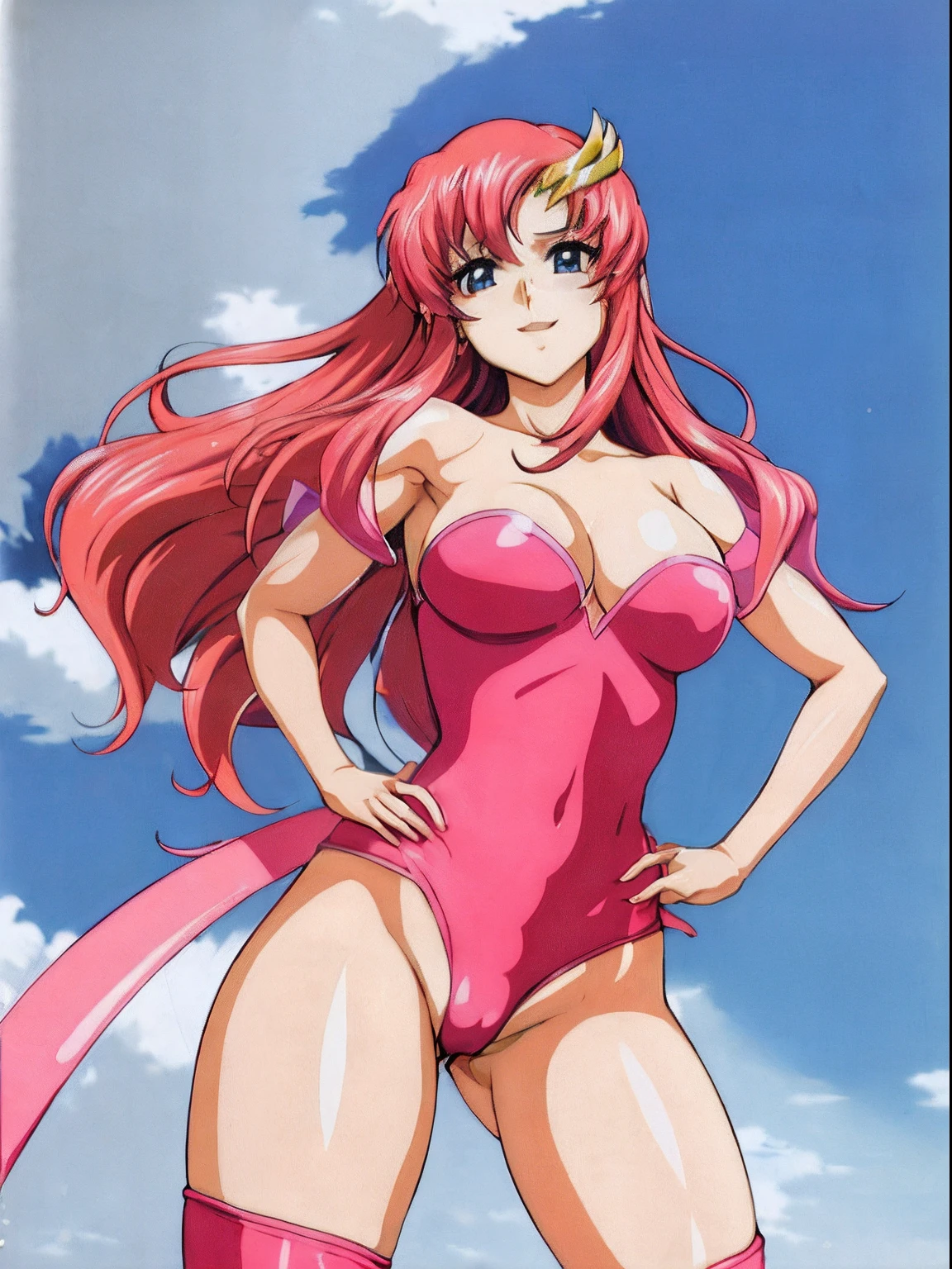 (masterpiece, 4K, Best Quality, Anime style: 1.9, bold drawing lines, High color saturation, Detailed face, tall, Adult Woman, lovely, (cloud background), Drawing lines, high resolution, Anime, lacus4), 1girl in, Solo, curvy figure, Long hair, 鎖骨, scapular, Wavy Hair, Detailed wide hair bangs, Hair Ornament, Detailed reddish-pink hair, cleavage, large hands, (Big blue eyes, shiny eyes), Smile, closed mouth, Very happy, ((closed fists)), (laughing, open mouth), ((medium breasts)), ((pink strapless wrestling leotard), (pink wrestling long boots), bare thighs, strong arms, biceps, rib lines, ((lean forward)), legs, standing, (hands on hips), happy, bare shoulders, (bare thighs, exposed navel, groin, shiny skin)