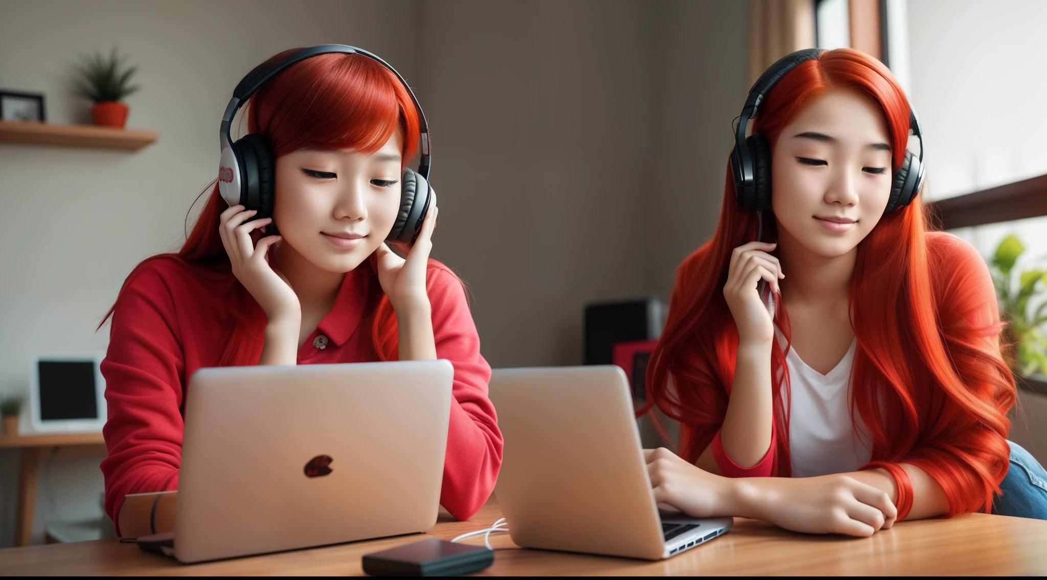 Teen girl, listening music, in room, study, red hair, face realistik, Asian face, chill vibes --auto