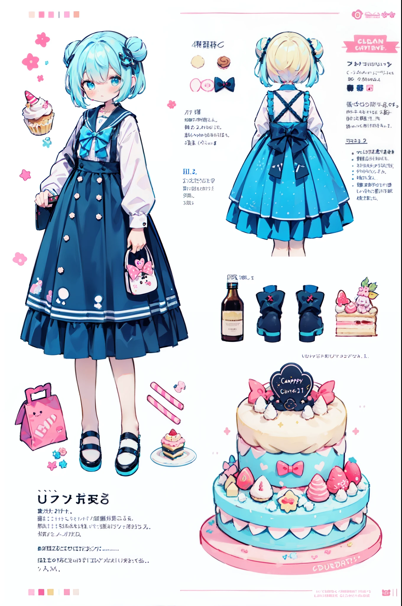 ((miku hatsune)), ((Character information)、(Chara Sheet)、Pastel muted colors, (The color palette is yellow:1.2, Blue:1.2, Pink:1.2), (Blue hair bun and blonde), Short Fashion Skirt, Sitting on a throne made of sweets and pastries, For example, donut, sprinkle, candy, lollipop, candy cane, a cake, cupcake, Cake Pop, Ruffles and lace, polka dot,