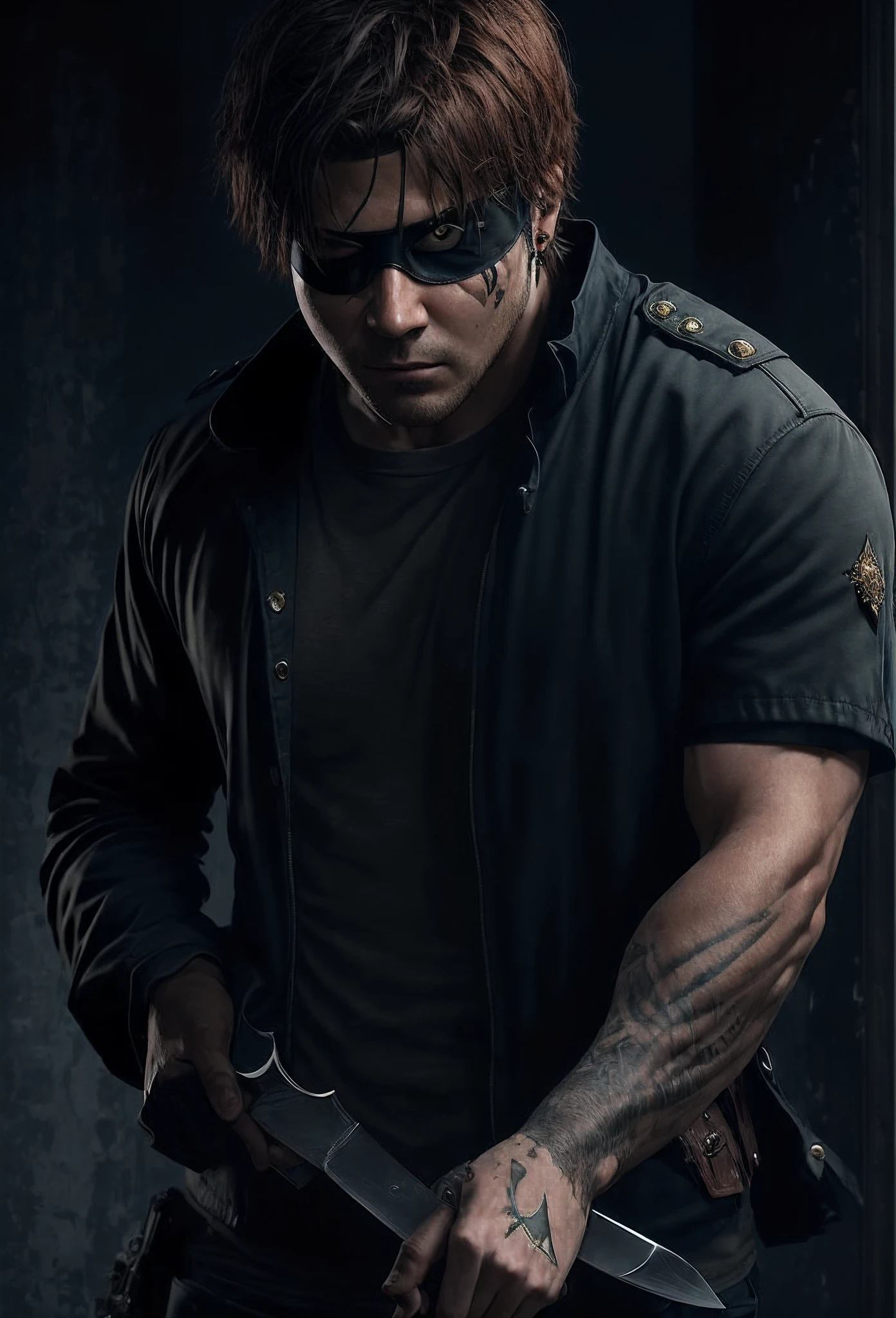 The character holds a large knife and wears an eye patch, with scars on his face
