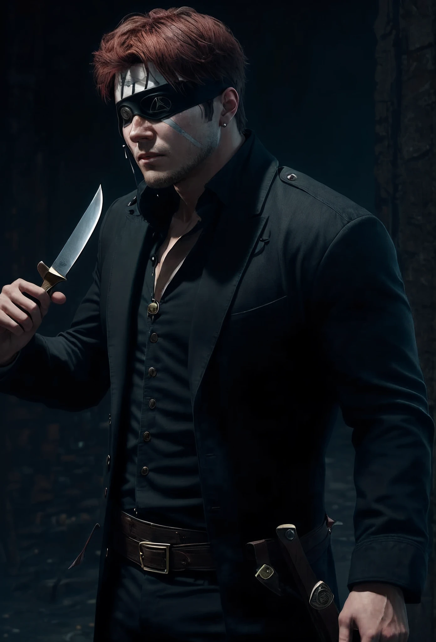 The character holds a large knife and wears an eye patch, with scars on his face