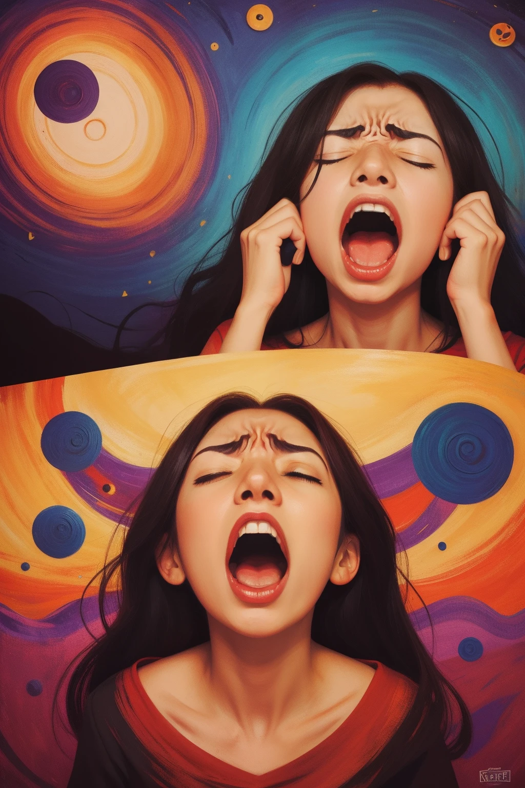 A composition inspired by 'The Scream,' featuring a figure in anguish against a swirling, colorful backdrop of emotions.