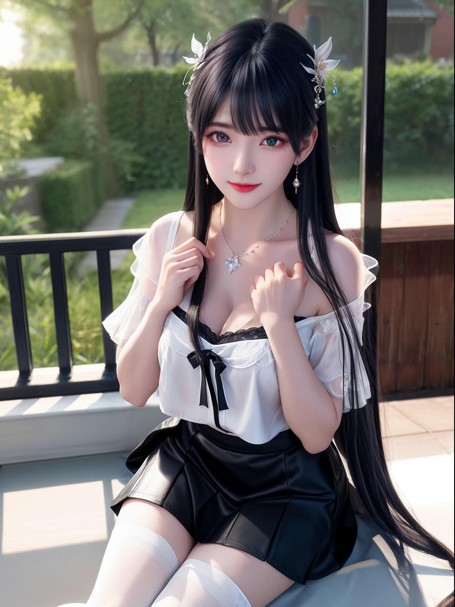 Best quality、tmasterpiece、A high resolution、1girll、Strapless animal short sleeves、a black skirt、black thin stockings、Nice face、There are hair ornaments on the head、looking at viewert、ssmile、Blue hair,beautiful and clear eyes, Green eye pupils,Green eye pupils,Close-up Shot Shot,The chest is huge。There is a deep cleavage,There is a bright light on the chest,The cleavage looms and is extremely delicate and beautiful、Keep one's mouth shut、cparted lips、shift dresses、Delicate shiny necklace、long whitr hair、diamonds earrings、s delicate face、Outside the house、Tindal effect、hentail realism、Shadow Studio、edge lit、bicolor lighting、(highdetailskin:1.2)、 adolable, view over city, the night, Sateen, dampness, profesional lighting, photon maping, Radio City, physically-based renderingt, Above the legs