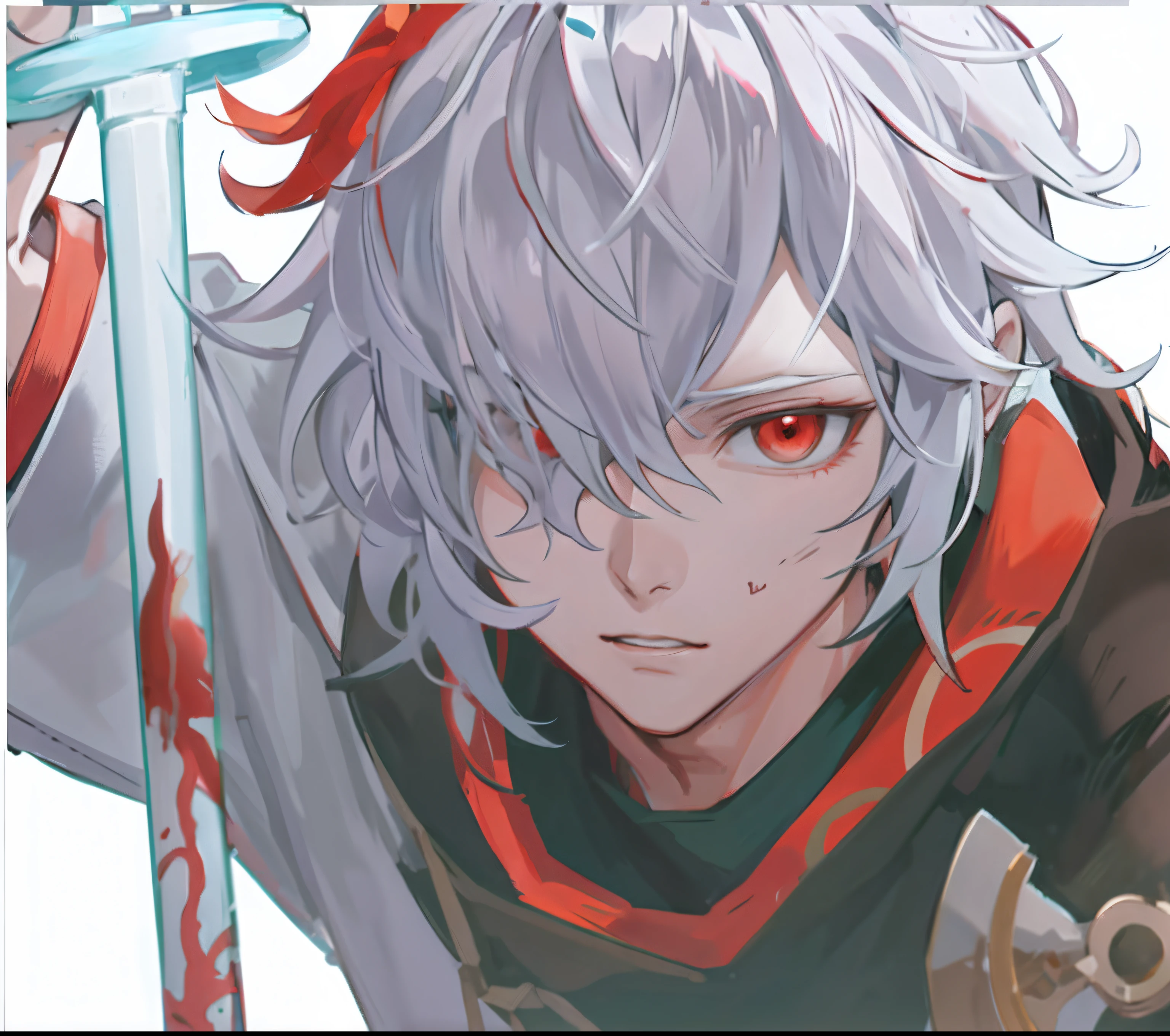 Anime characters with sword and red eyes in front of white background, handsome guy in demon killer art, nagito komaeda, Best anime 4k konachan wallpaper, zerochan art, Detailed digital anime art, Detailed key anime art, detailed anime character art, shigenori soejima illustration, Keqing from Genshin Impact, clean and meticulous anime art