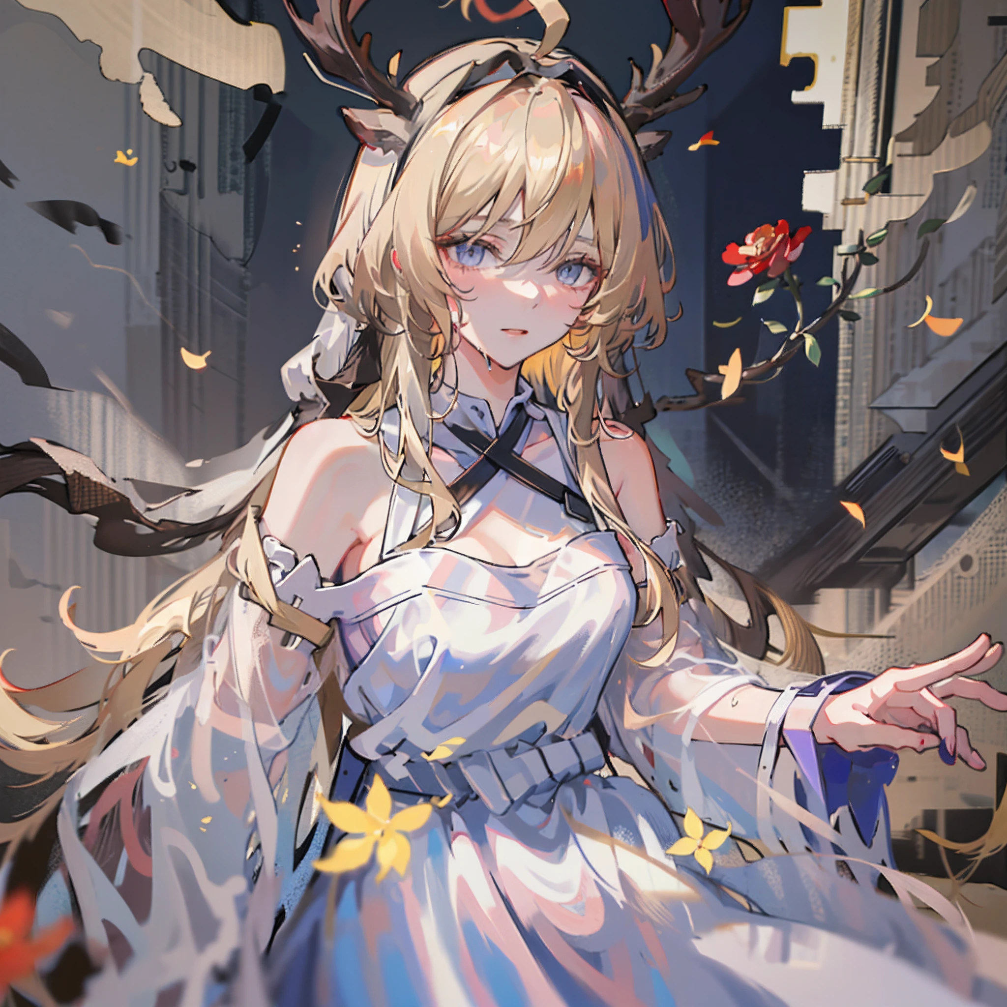 1girll,From the Ark of Tomorrow,Anthropomorphic female deer,Depth of field,((Blonde hair))),blond hairbl,Purple eyes,Loli,((eyes half closed)),Long hair,(Loose long hair),(ahoge),((white shirt under black robe)),(White collared shirt),medium frilled skirt,((White rimmed royal dress})),twist braid,((Bare shoulders)),Fluttering red flowers fall,,Upper body,废墟,intense shading,Wet,Light smile,