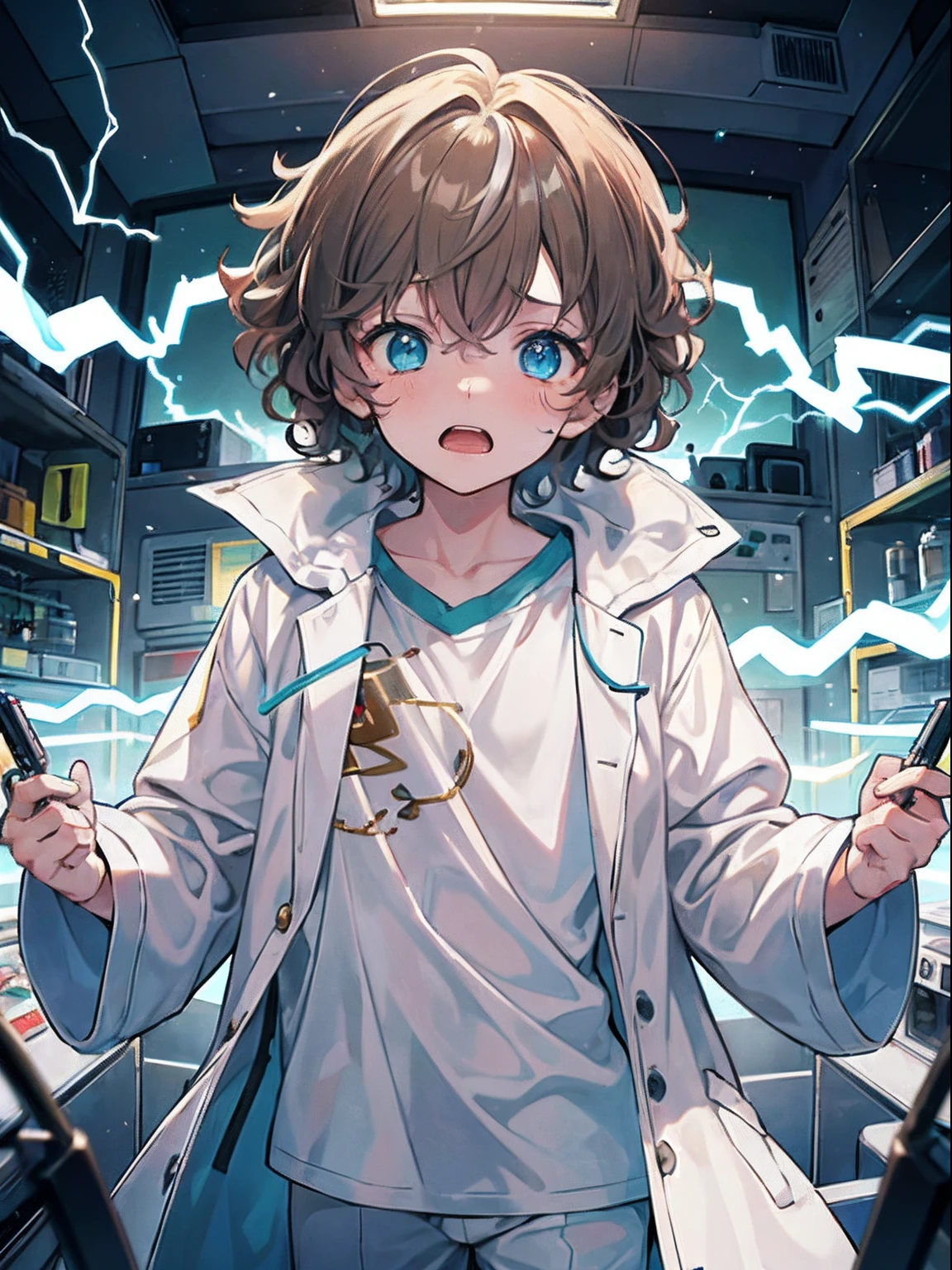 1boy, young child, curly hair, brown ombre hair, green and blue eyes, heterochromia, scared, terrified expression, white pajamas, atmospheric lightning, laboratory, fluorescent lights, test tubes, looking at viewer, beautiful 8k wallpaper, extremely detailed, intricate