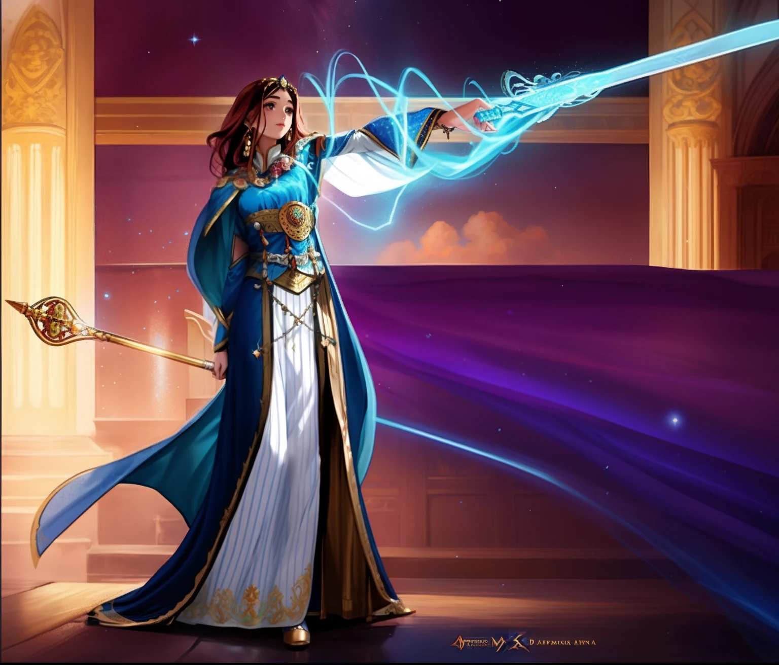 Un primer plano de una mujer con un vestido largo sosteniendo una espada, Maya Ali como D&D Hechicero, Featured magical art concept, Maya Ali as Lightning Magician, Humano :: hechicera, Magical concept art, Mahira Khan como D&Asistente D, Maga femenina conjurando un hechizo, fantasy character concept