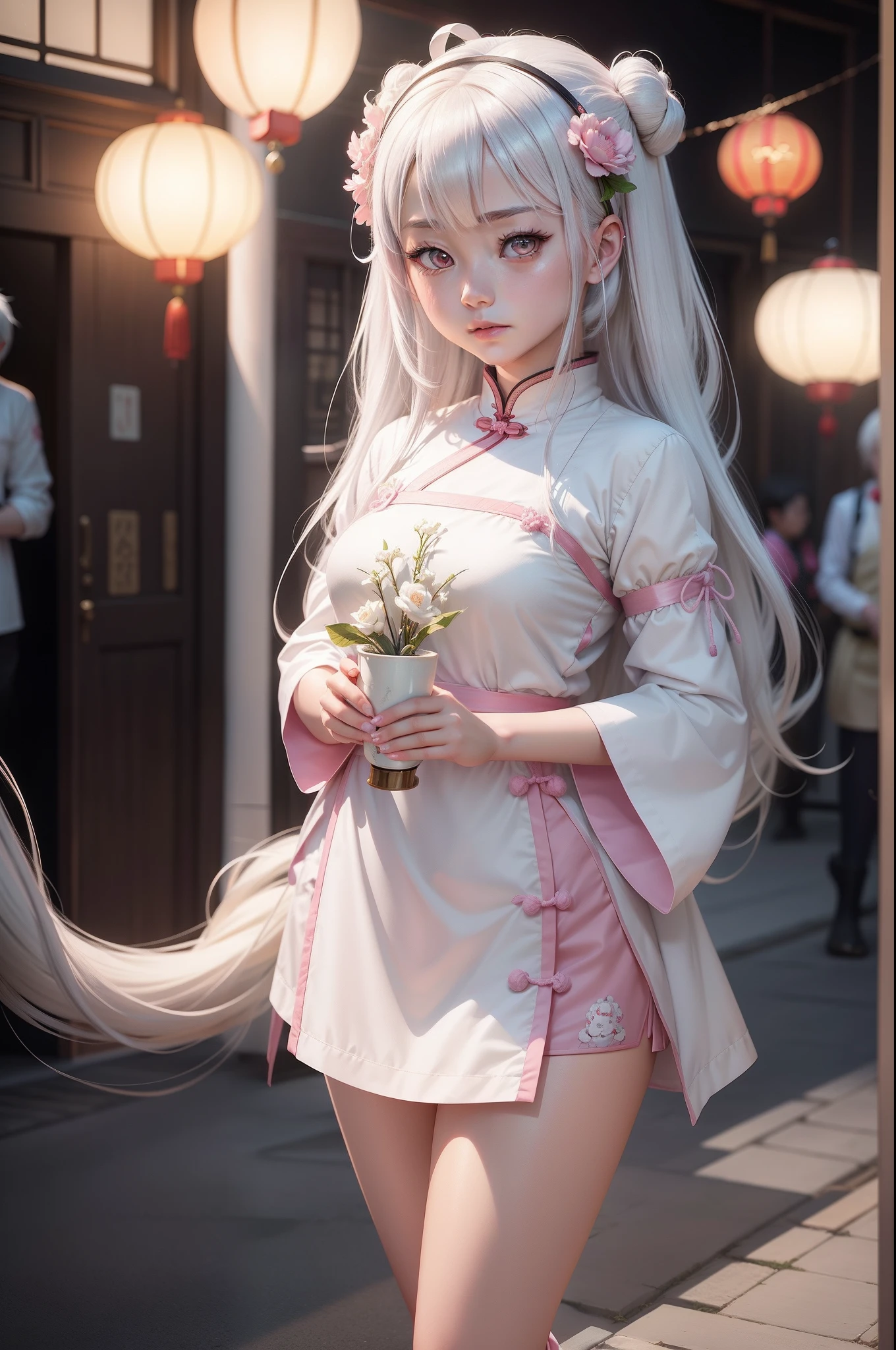 Chinese anime girl with white hair and white yarn，A jade rabbit-shaped lantern carrying a laurel branch, Pink eyes, Anime style mixed with Fujifilm, Anime girl in real life, Anime girl cosplay, hyper realistic anime, Photorealistic anime, up of young anime girl, Chinese style close-up of young anime girl,China-style，Realistic anime 3D style, Realistic young anime girl, Kawaii Reality Shaw，Right-handed optimization，The chin is evenly rounded，Toot face。