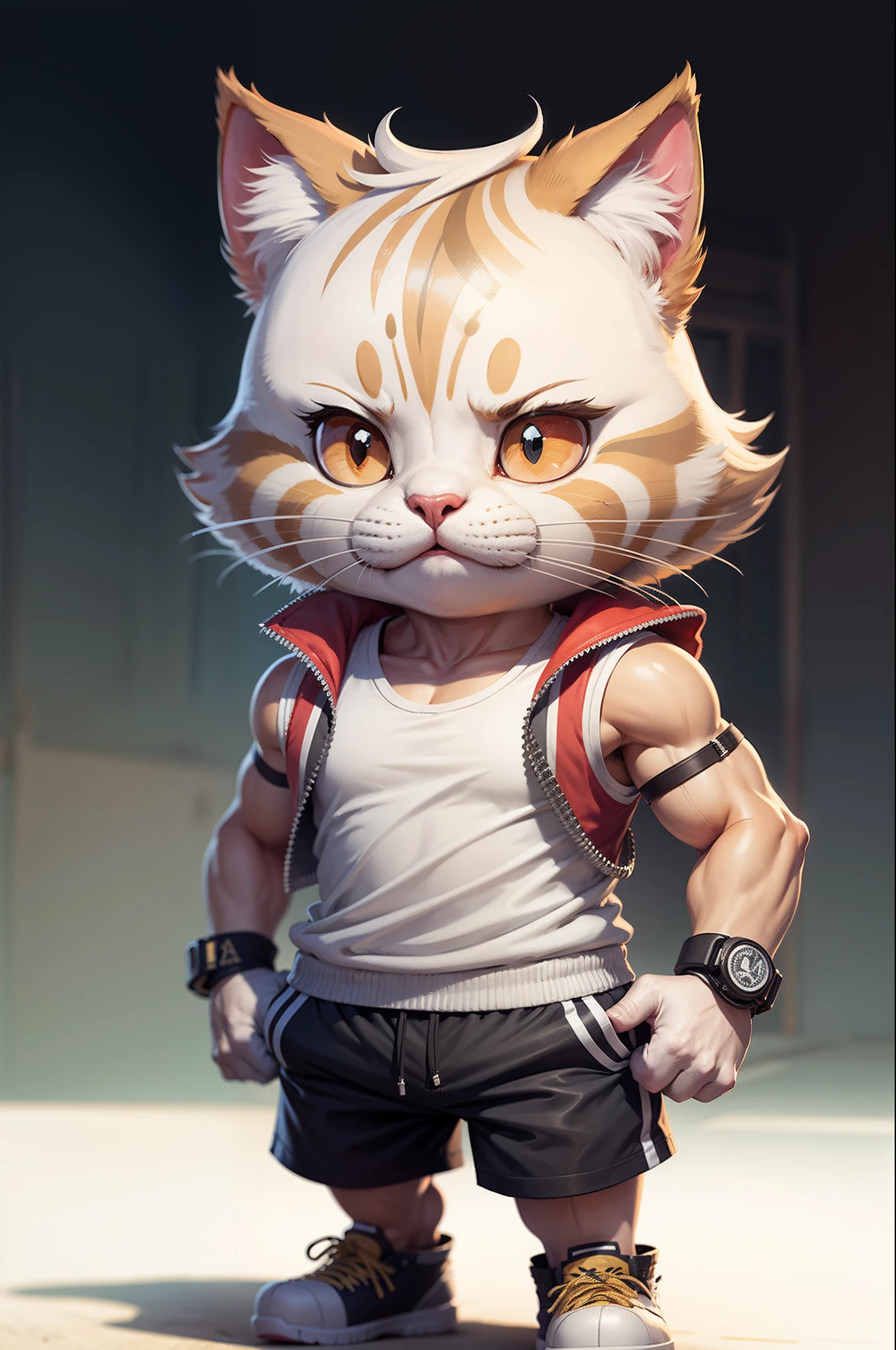 C4tt4stic, Basketball Uniform Red Tank Top Long red shorts Cartoon Silver tabby cat,