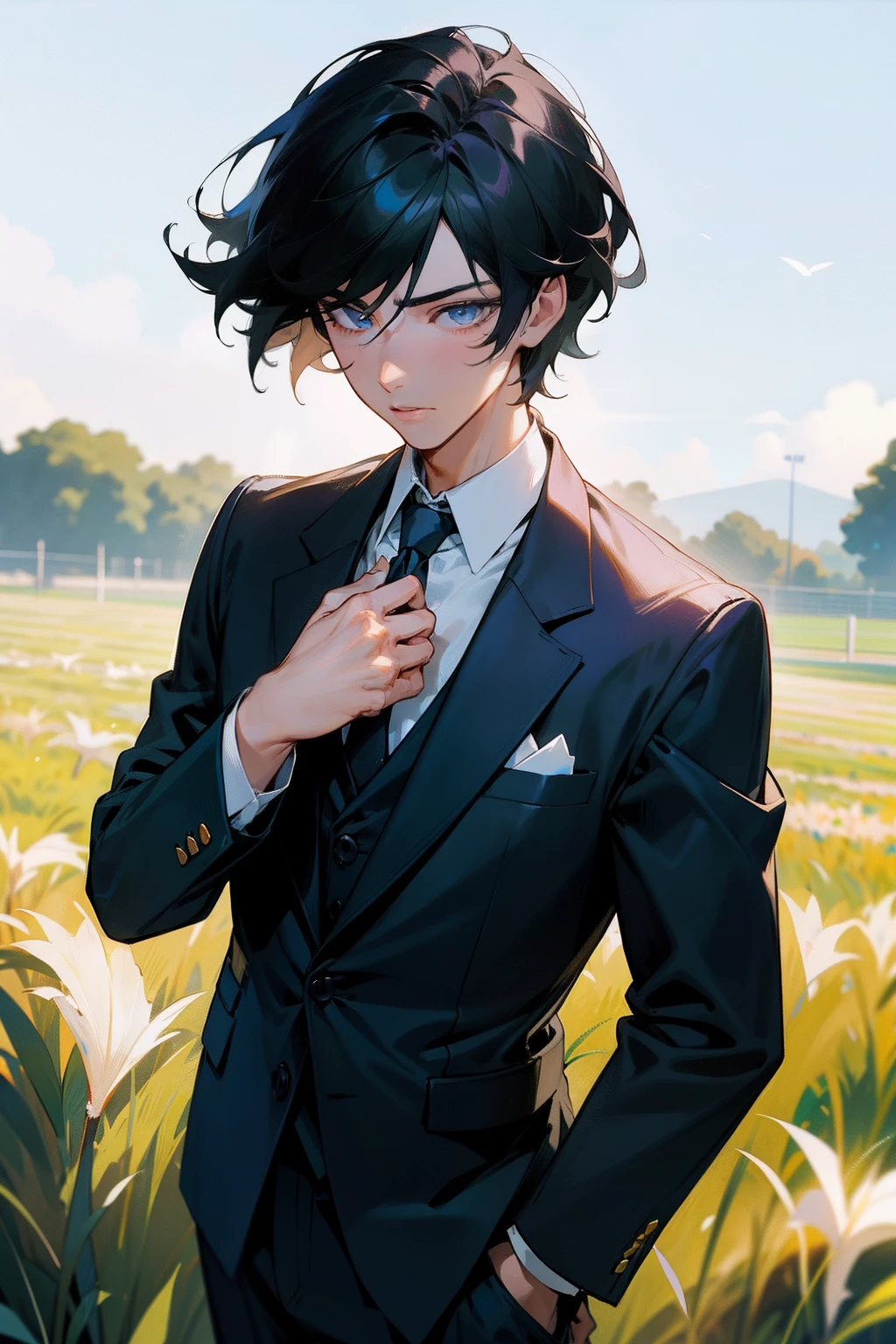 tmasterpiece,Need,Boys are needed,Extremely handsome,Need,super-fine,Need,Need,with short black hair,short detailed hair,eyes with brightness,looking at viewert,A high resolution,Need,Libido boy,Need,illustratio, college aged,juvenile sense,rays of sunshine,grassy fields,Business suit,are standing,Realistic, Realist,Real,