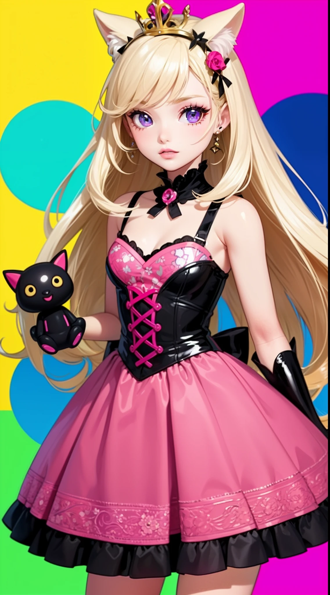 (barbie,solo,cowboy shot,Pop art,K-pop fashion:1.35),(Ball—jointed Doll,resin jointed doll:1.25),inside blindbox,Synth wave,Vaporwave fashion,bloomcore flowers Princess Crown,playscale,tech genius teenage girl in Fairy Kei style,a girl in a hat with ears,holding a black cat,an anime drawing,fantasy art,purple eyes and Pink dress,golden hair,blonde anime girl with long hair,anime barbie,discord profile picture,Fairy Kei fashion,