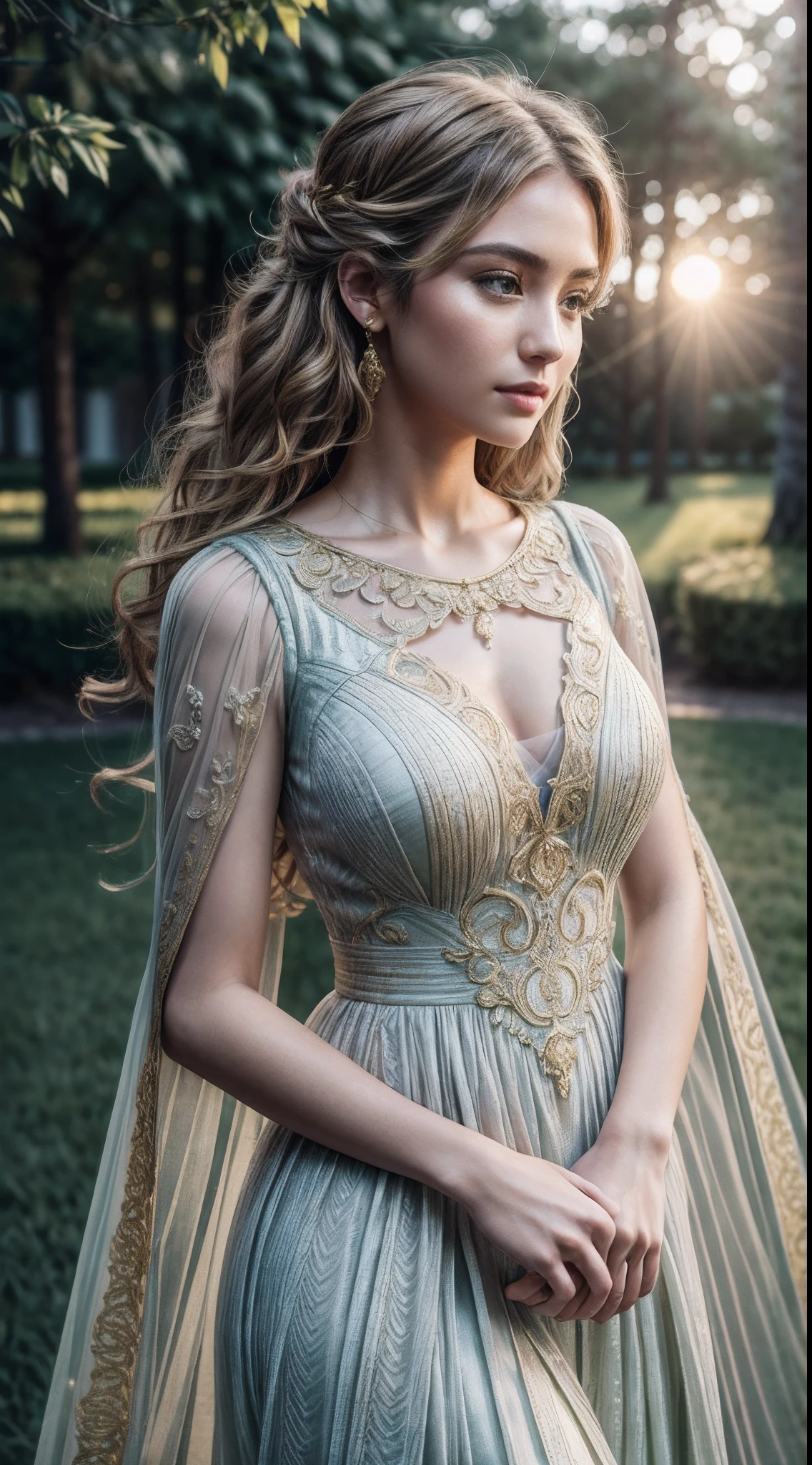 (masterpiece), best quality, (extremely detailed CG unity 64k wallpaper), ultra-high resolution, ultra-high definition, maximalist, 64k UHD, highres, intricate, intricate details, highly detailed, finely detailed, ultra-detailed, ultra-high texture quality, detailed textures, ultra-high pixel detail, (ultra-realistic:1.3), official photo, HDR, DSLR, photography, people photography, professionally color graded, Fujifilm XT3, RAW photo, uncompressed images, shallow depth of field, full color depth, sharp focus, BREAK amazing, gorgeous, white, thrilling scene, lines, moonlight, night, portrait, (woman in the intricate dress with pattern on the lawn, golden white lush curls), touching her hair