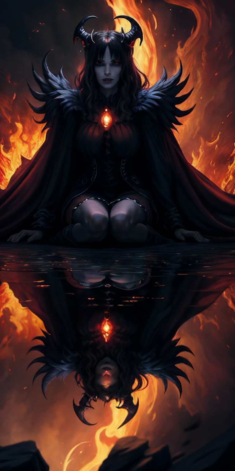 Lisa Ann ultra-detailed: The Empress of Darkness, Background to the destruction of hell, diabolique, insidieux, invincible, couronne sombre, Evil queen, Robe noire et rouge, demon wings dans le dos, Demon horn, Realistic detailed eyes, Shaded illustration of a high-quality cell in hell, corps entier, pose dynamique, anatomie parfaite, centered, Freedom, soul, Approche de la perfection, Ombrage de cellule, 8k , Cinematic dramatic atmosphere, Illumination globale, detailed and intricate environment, ArtStation, Art conceptuel, mise au point fluide et nette, volumeric lighting, lighting cinematic