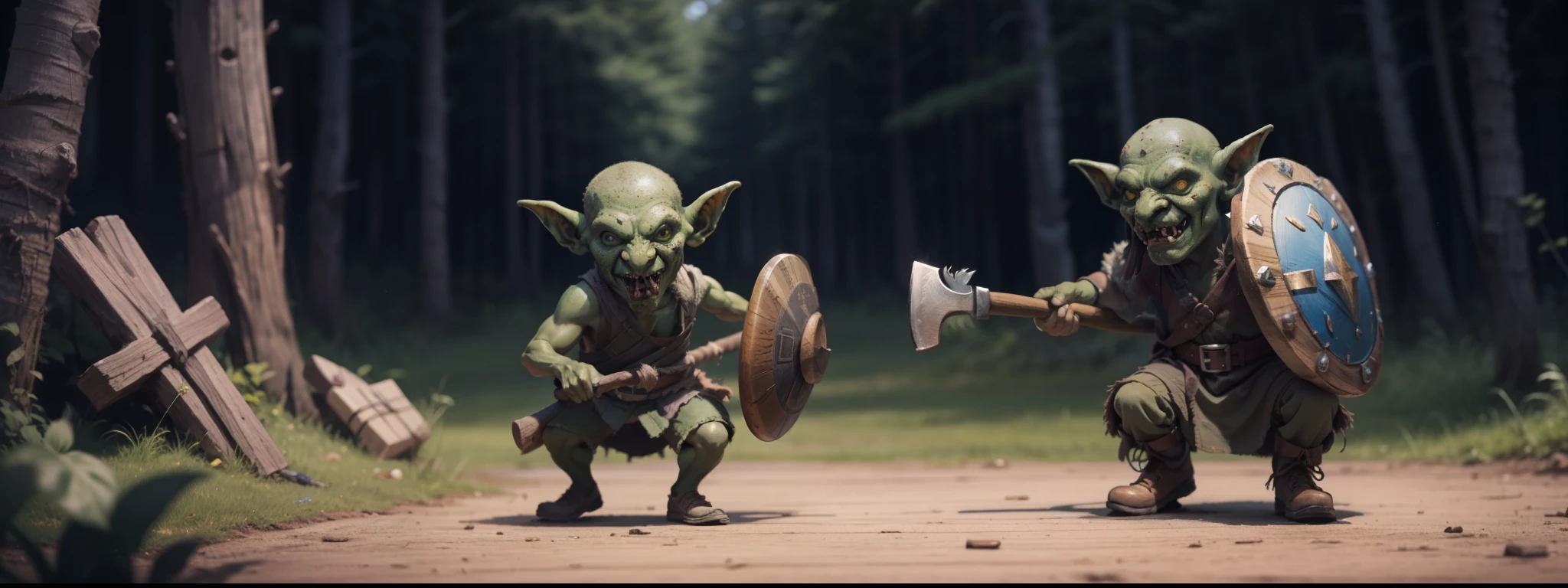 A very powerful goblin，the head is small，Hold the round wooden shield in your left hand，Holding a tomahawk in his right hand。tmasterpiece。best qualtiy。