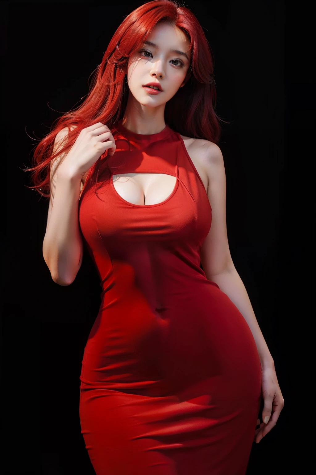 a beauty girl,Perfect body shape,Bigchest,big assa,red tinted hair,red dress,Ultra-realistic high-resolution high-quality HD masterpiece