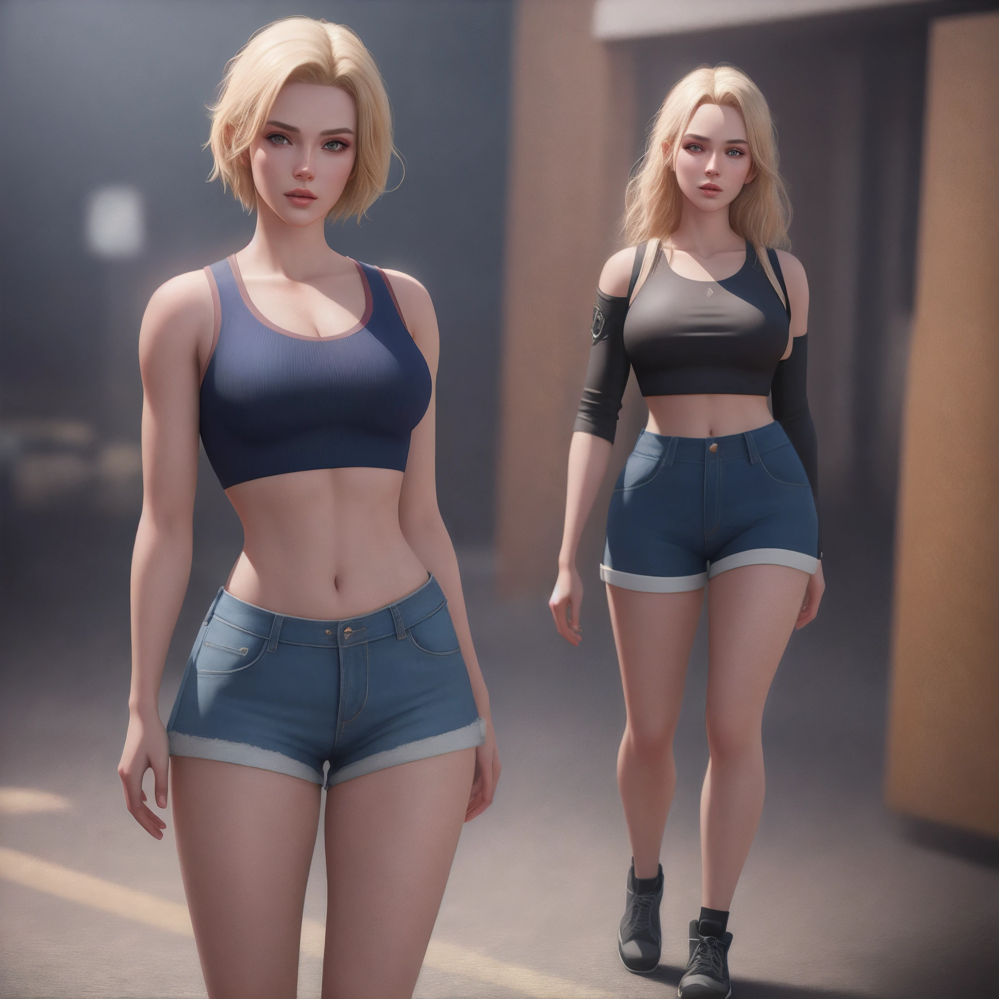 beautiful blonde model, wearing navy high waisted shorts and a crop top, full body and face and head, photorealistic, extreme detail, octane render, artstation, unreal engine