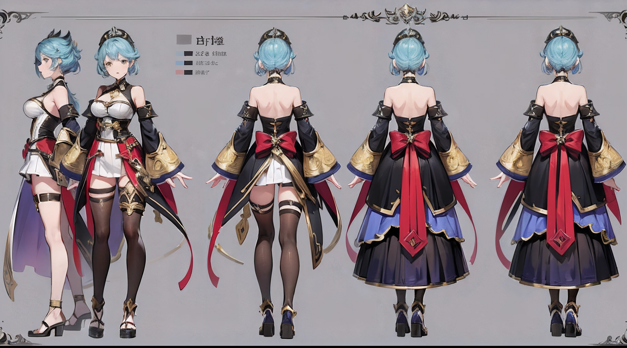 charavter reference sheet, best character design sheet, 1 woman, 20 years old, ((granblue fantasy character)), wearing blade and soul and granada espada hybrid costume, complete full body, ((front view and back view only)) light colors themed costume design, symmetrical elements in costume, costume simulation detection like in CLO, marvelous designer, 8k resolution, ultra high definition image output