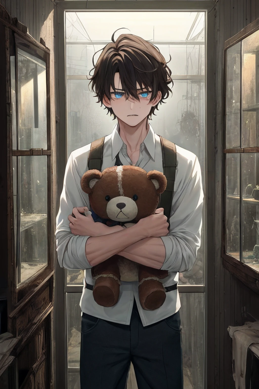 1boy, brown hair, blue eyes, green eyes, heterochromia (cowboy_shot:1.2), face focus, short hair, curly hair, scared,(terrified:1.1) expression, holding teddy bear, atmospheric lighting, moody, darkness, in an old abandoned museum, transparent glass display cases filled with interesting objects, dusty, post-apocalypse, cobwebs, superb, beautiful 8k wallpaper, extremely detailed, intricate