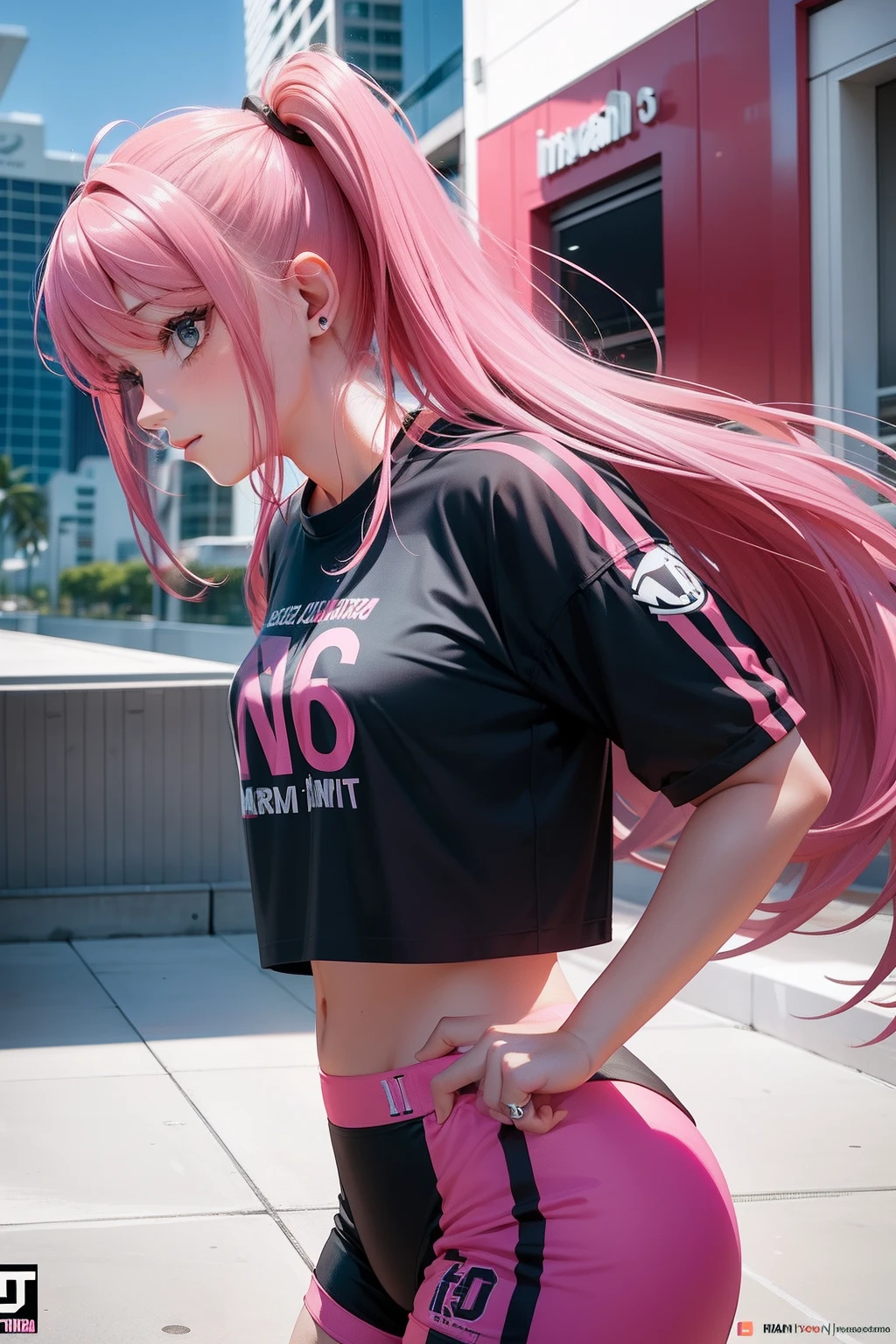 A pink and black logo of a Miami international team，Iconic"Five years Miami International fan"charactor， clearly visible，Live station watermark