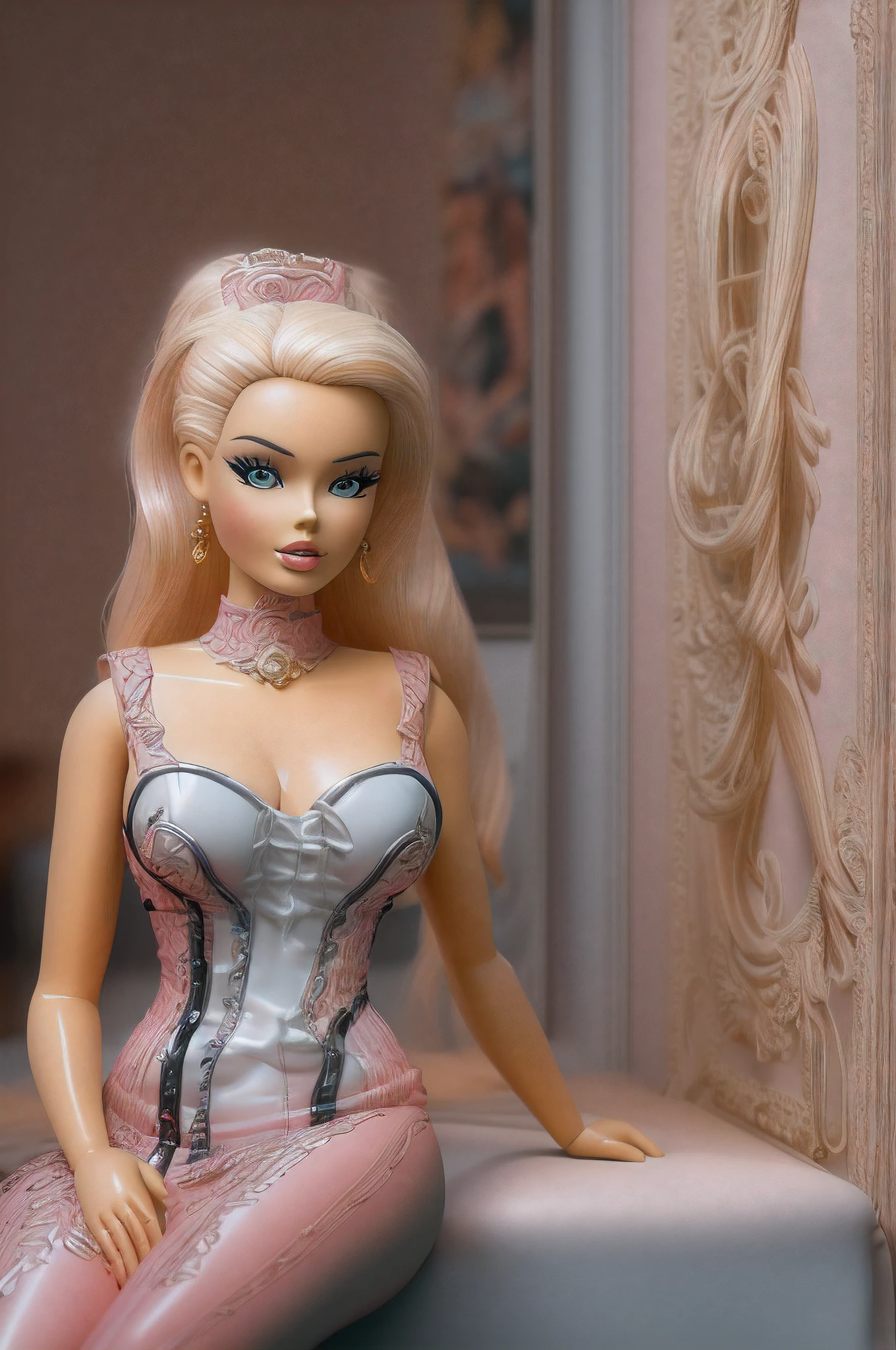 a picture of Barbie as a dominatrix queen (best details, Masterpiece, best quality :1.5), full body (best details, Masterpiece, best quality :1.5), ultra detailed face (best details, Masterpiece, best quality :1.5), ultra feminine (best details, Masterpiece, best quality :1.5), wearing latex pink mini dress, pink stockings, pink high heels, long braided hair, hair pulled back, blond hair, modern bedroom background (best details, Masterpiece, best quality :1.5), ultra best realistic pictures , best details, best quality, 16k, [ultra detailed], masterpiece, best quality, (extremely detailed), ultra wide shot, photorealism, depth of field, hyper realistic painting, 3D rendering